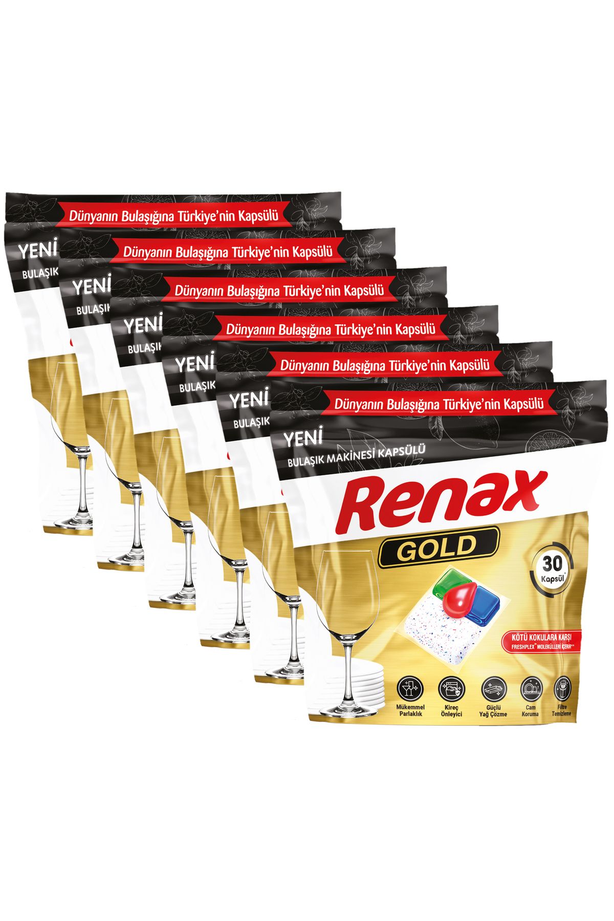 RENAX Gold Bulaşık Makinesi Kapsülü Hepsi Bir Arada 30 x 6 Paket 180 li