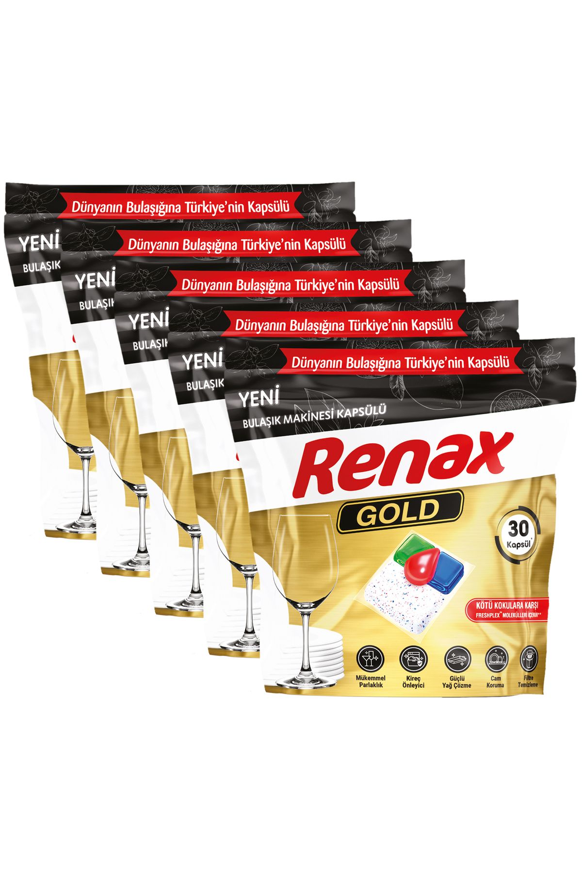 RENAX Gold Bulaşık Makinesi Kapsülü Hepsi Bir Arada 30 x 5 Paket 150 li