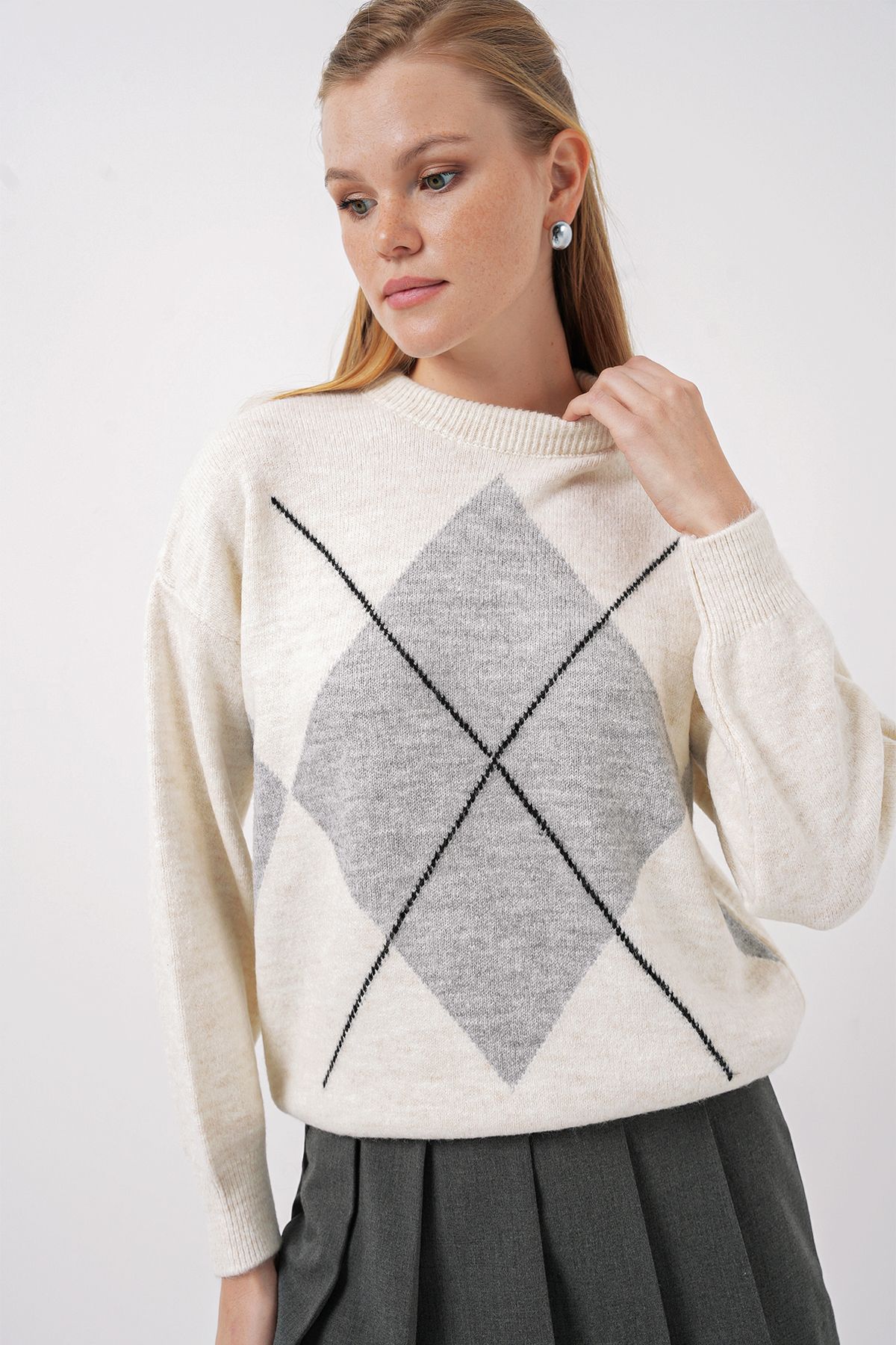 Bigdart-15895 Oversize-Strickpullover mit Rautenmuster – A.Grau 1