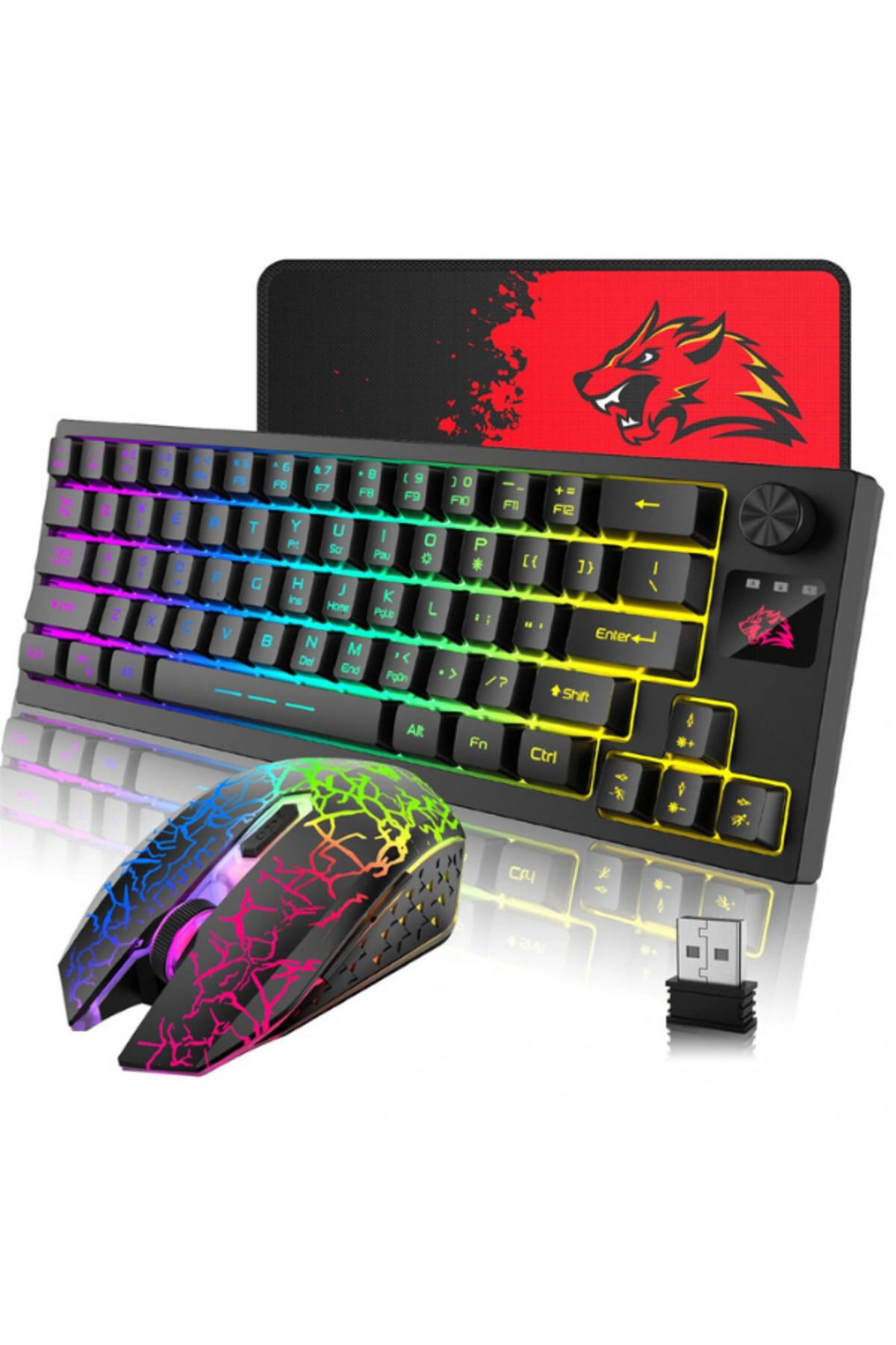 ATAsoft ELEKTRONİK Since 2021 T50 Kablosuz Işıklı Klavye Mouse set Rainbow Aydınlatmalı Mousepad Hediyeli