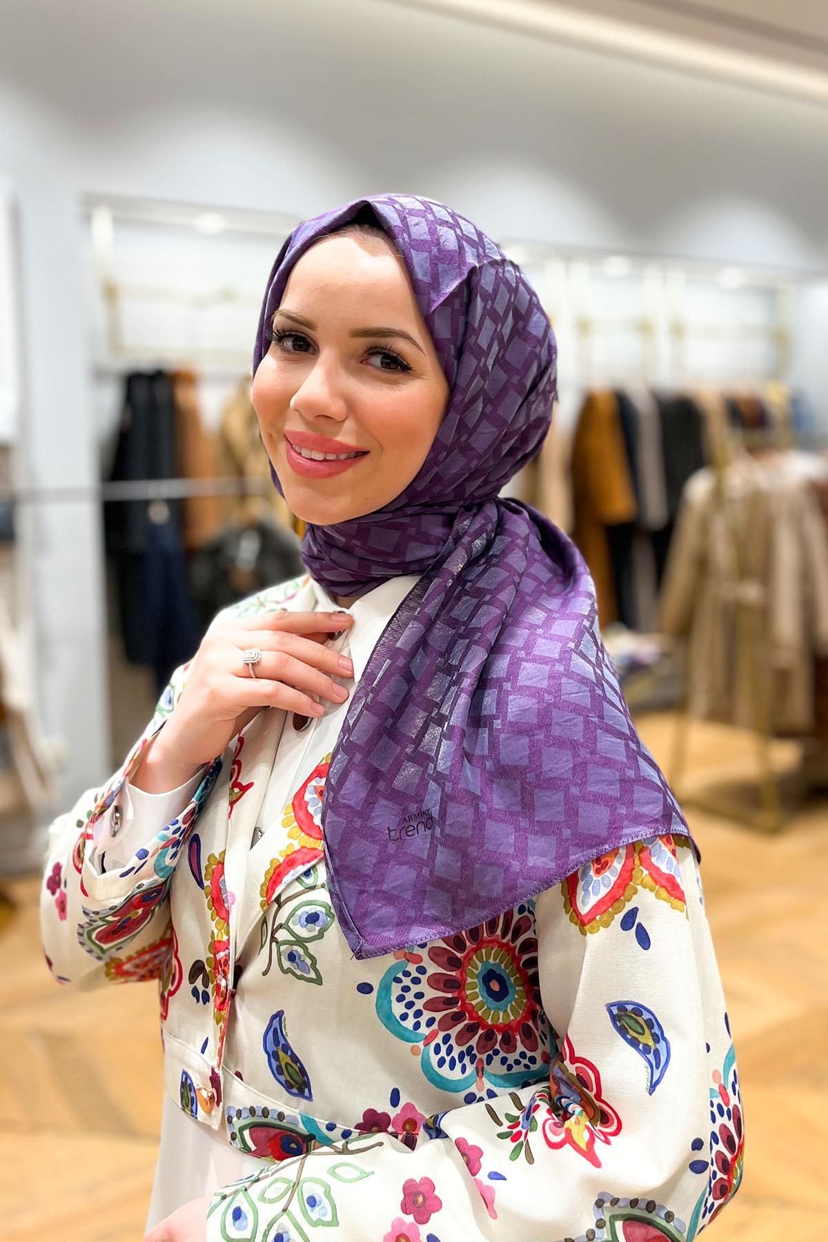 Armine-Şal jacquard din bumbac Lia - Set de 3 buchete violete cu model de faianţă 2