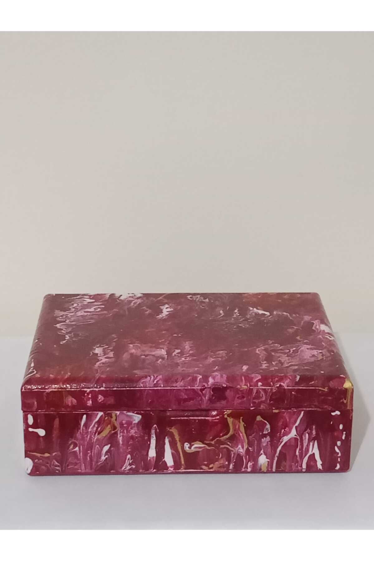 DEKORANLA Çok Renkli Ahşap Ebruli Takı ve Aksesuar Kutusu 22,5x16,5x7 cm