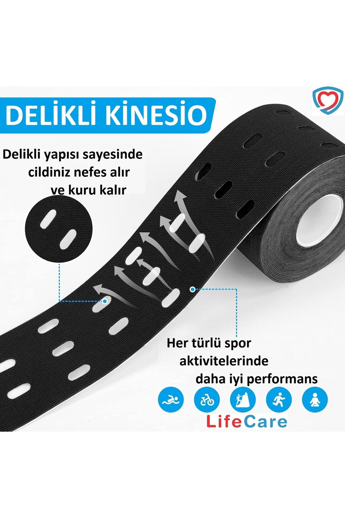 Life Care Delikli Kinesio Bandı 5 Cm X 5 M Ağrı Bandı siyah