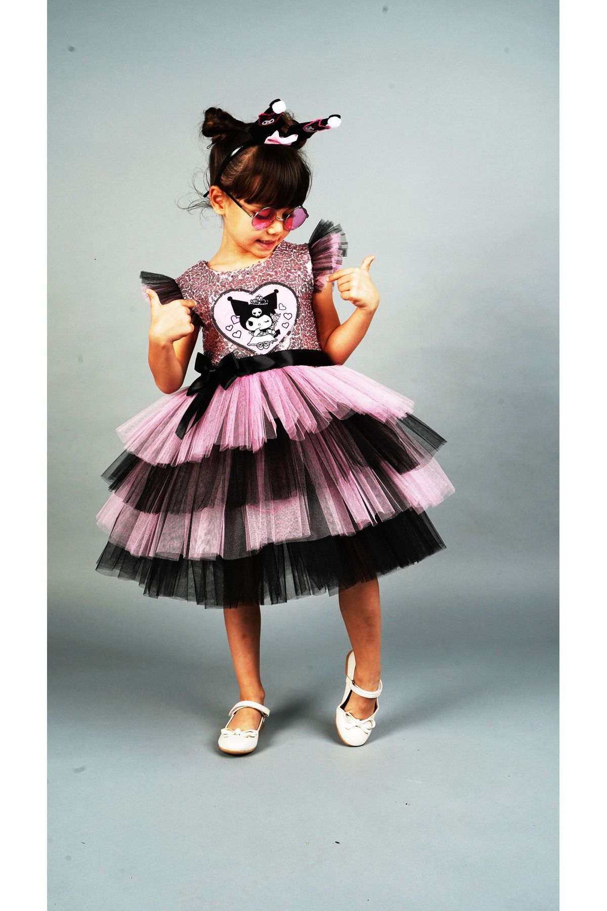 Delfini kids-Pink Kuromi̇ Sequin Birthday Princess Costume and Gown with Crown Accessories 2