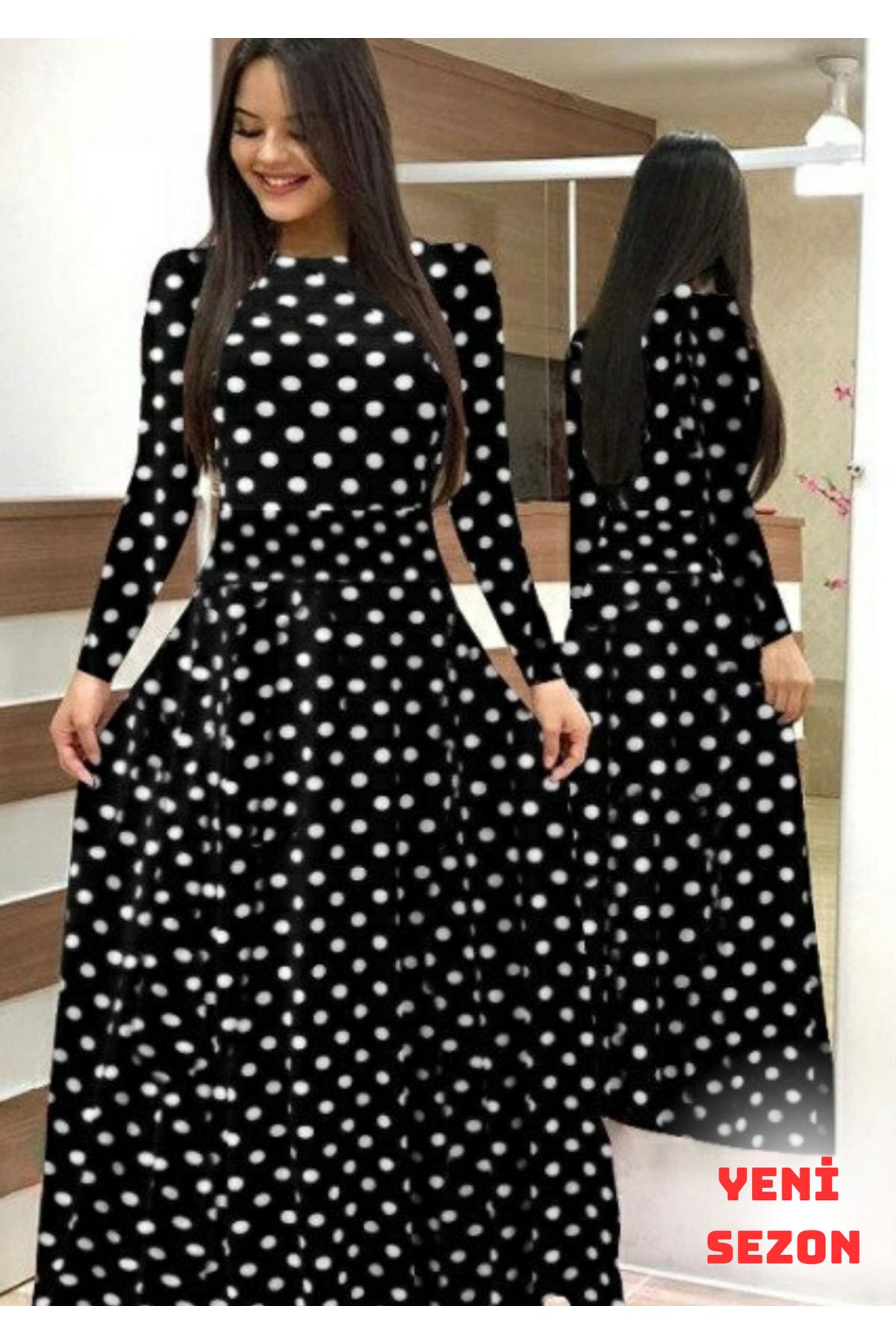 Viyamo-132 Cm Polka Dot Crepe Dress - Long Sleeve, Full Length 1