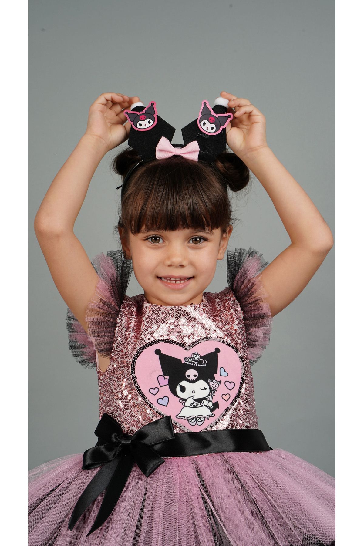 Delfini kids-Pink Kuromi̇ Sequin Birthday Princess Costume and Gown with Crown Accessories 8