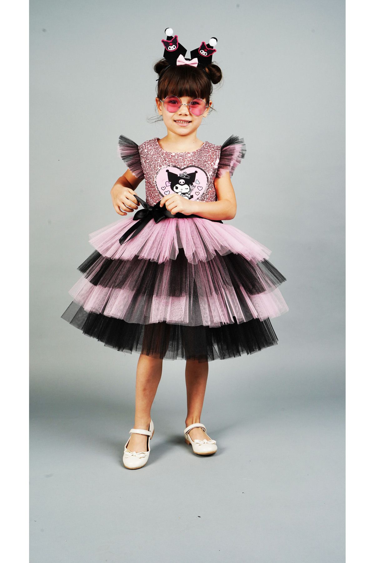 Delfini kids-Pink Kuromi̇ Sequin Birthday Princess Costume and Gown with Crown Accessories 3