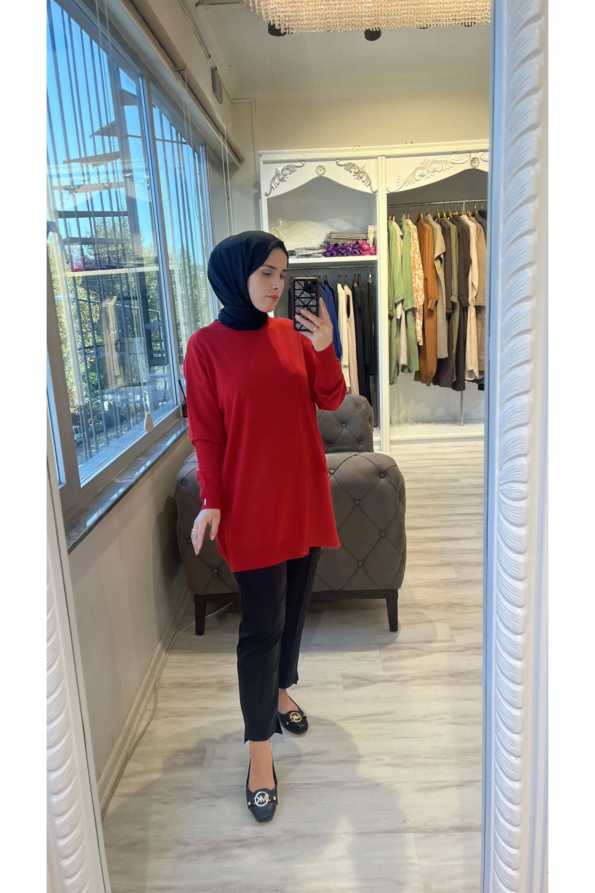 Invee-Invee 6986 Fabric Detailed Red Knitwear Tunic 2