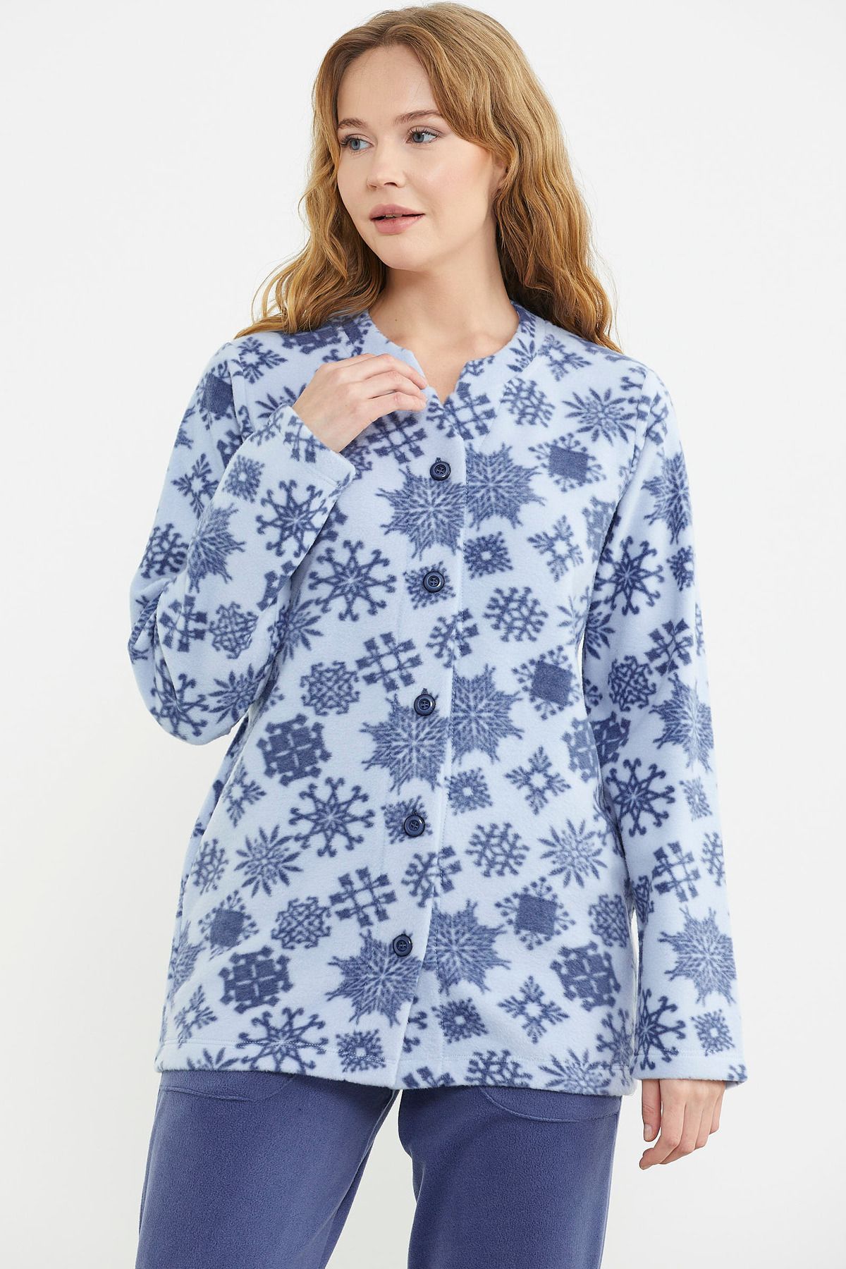 Sementa-Blue Fleece Pajamas Set - Patterned and Front Button 3