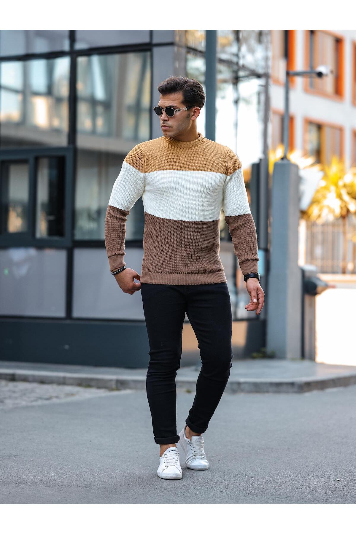 Valiberta-Beige Crew Neck Men's Sweater - Piece Patterned 5
