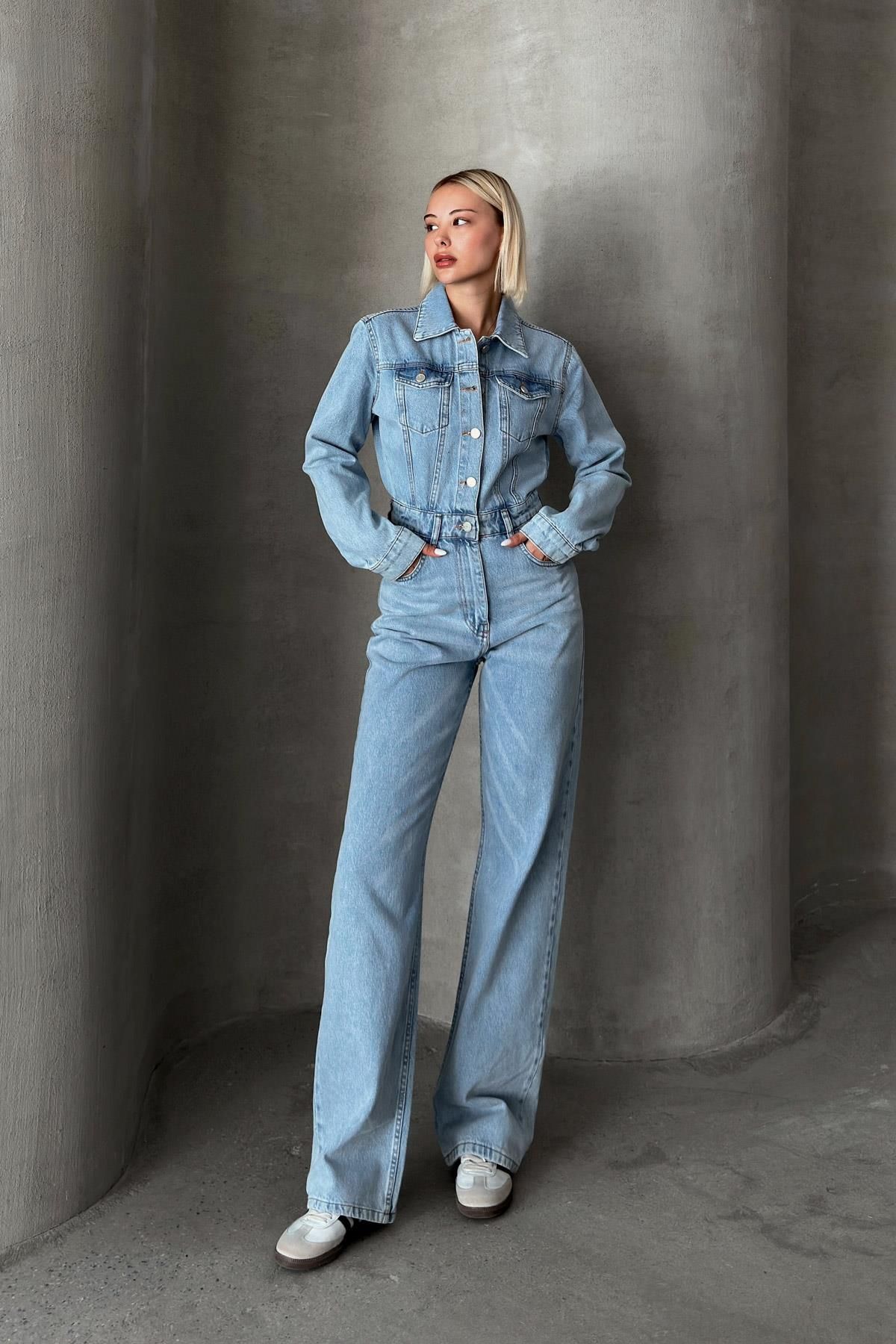 Olcay-Light Blue Denim Overalls - Shirt Collar, Buttoned - 9248 1