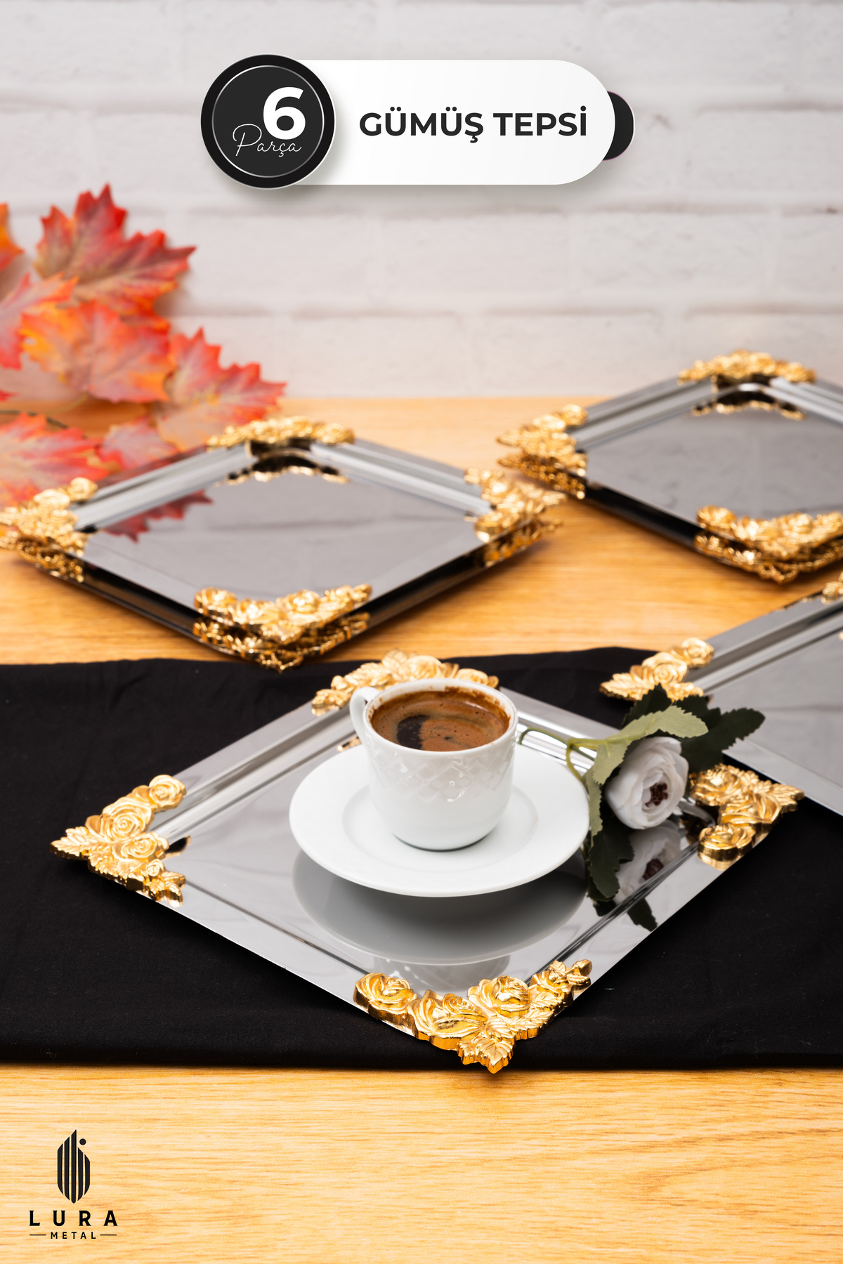 Skygo-6 Pieces Silver Coffee and Tea Presentation Tray - Gold Rose Motif Stylish Design, 22.5 cm 1
