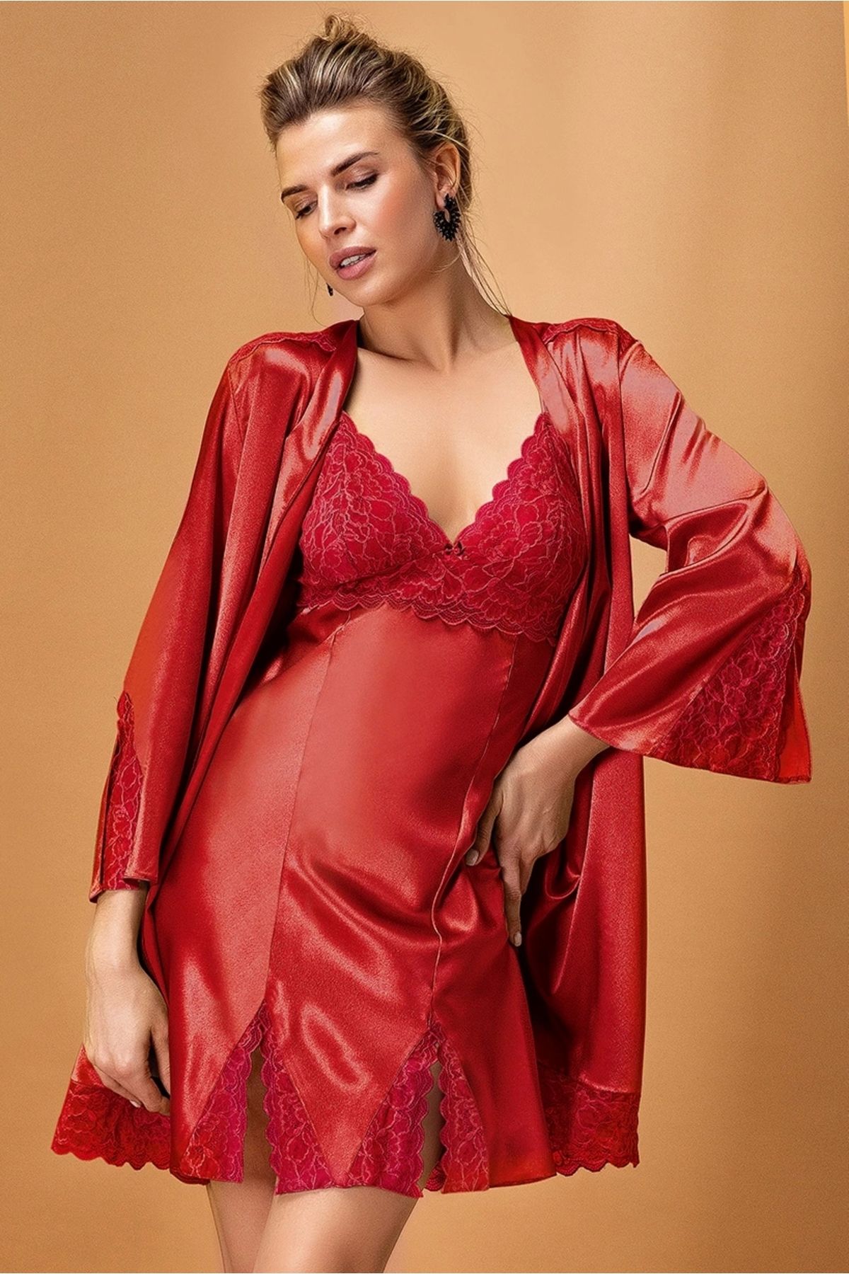 Nurteks-Satin Burgundy Kimono Set 5325 1