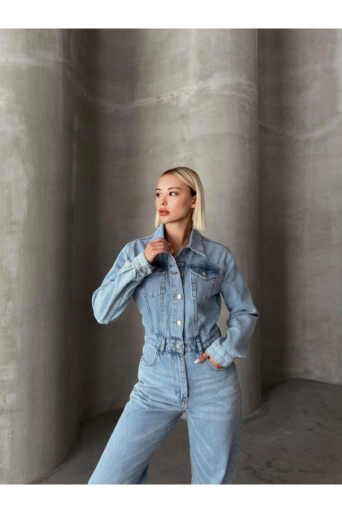 Olcay-Light Blue Denim Overalls - Shirt Collar, Buttoned - 9248 2