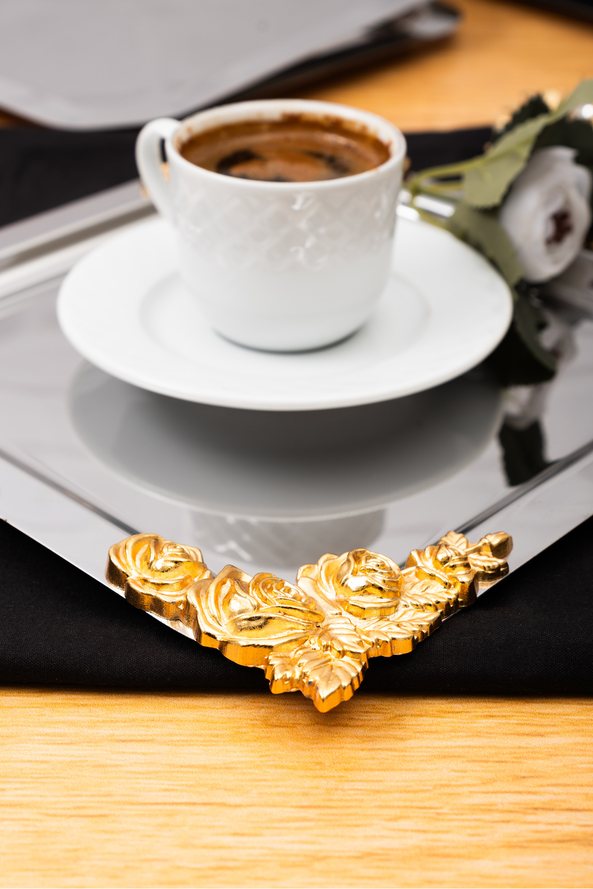 Skygo-6 Pieces Silver Coffee and Tea Presentation Tray - Gold Rose Motif Stylish Design, 22.5 cm 2