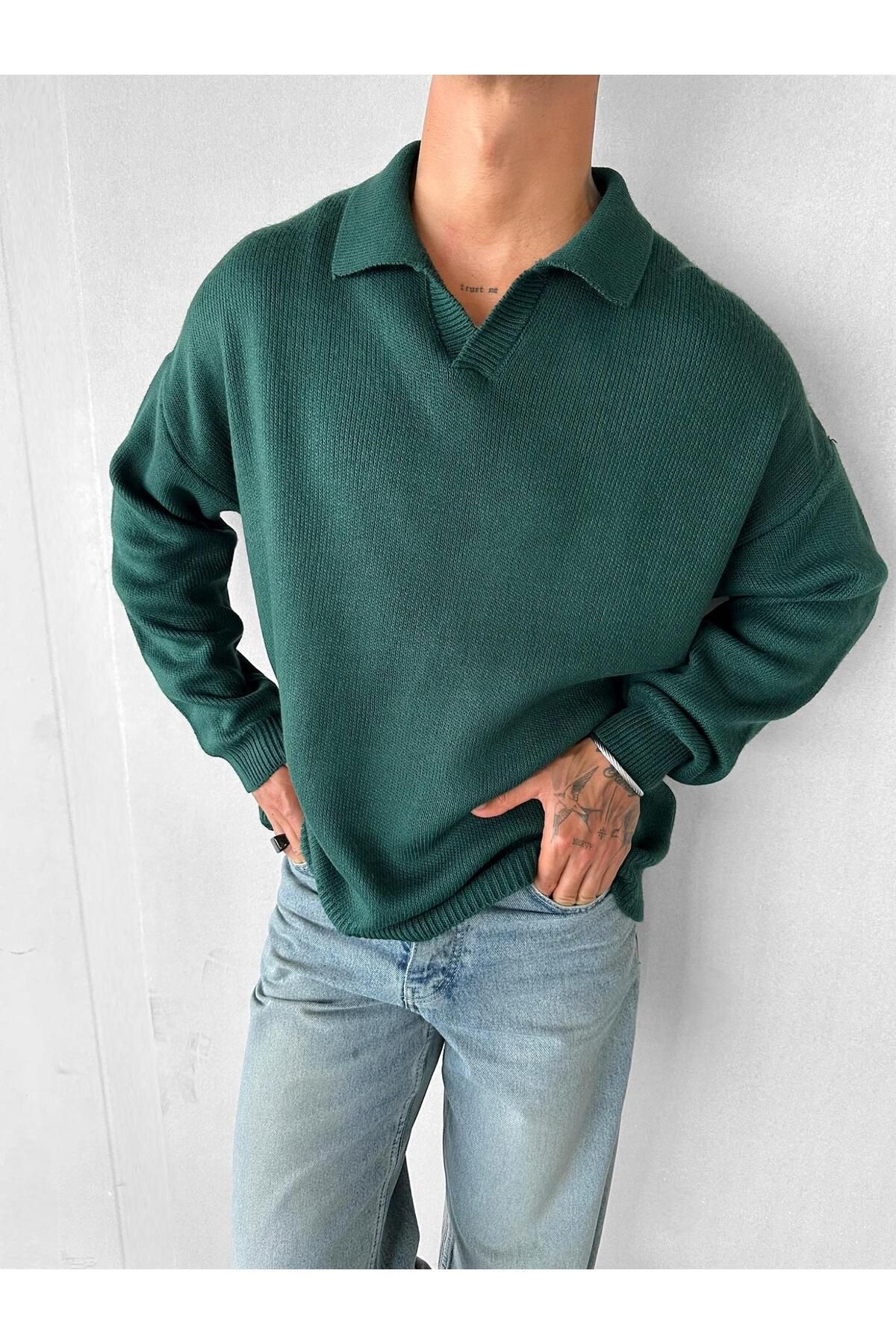 ablukaonline-Men's Green Oversize Polo Knitwear Sweater - V-Neck 2