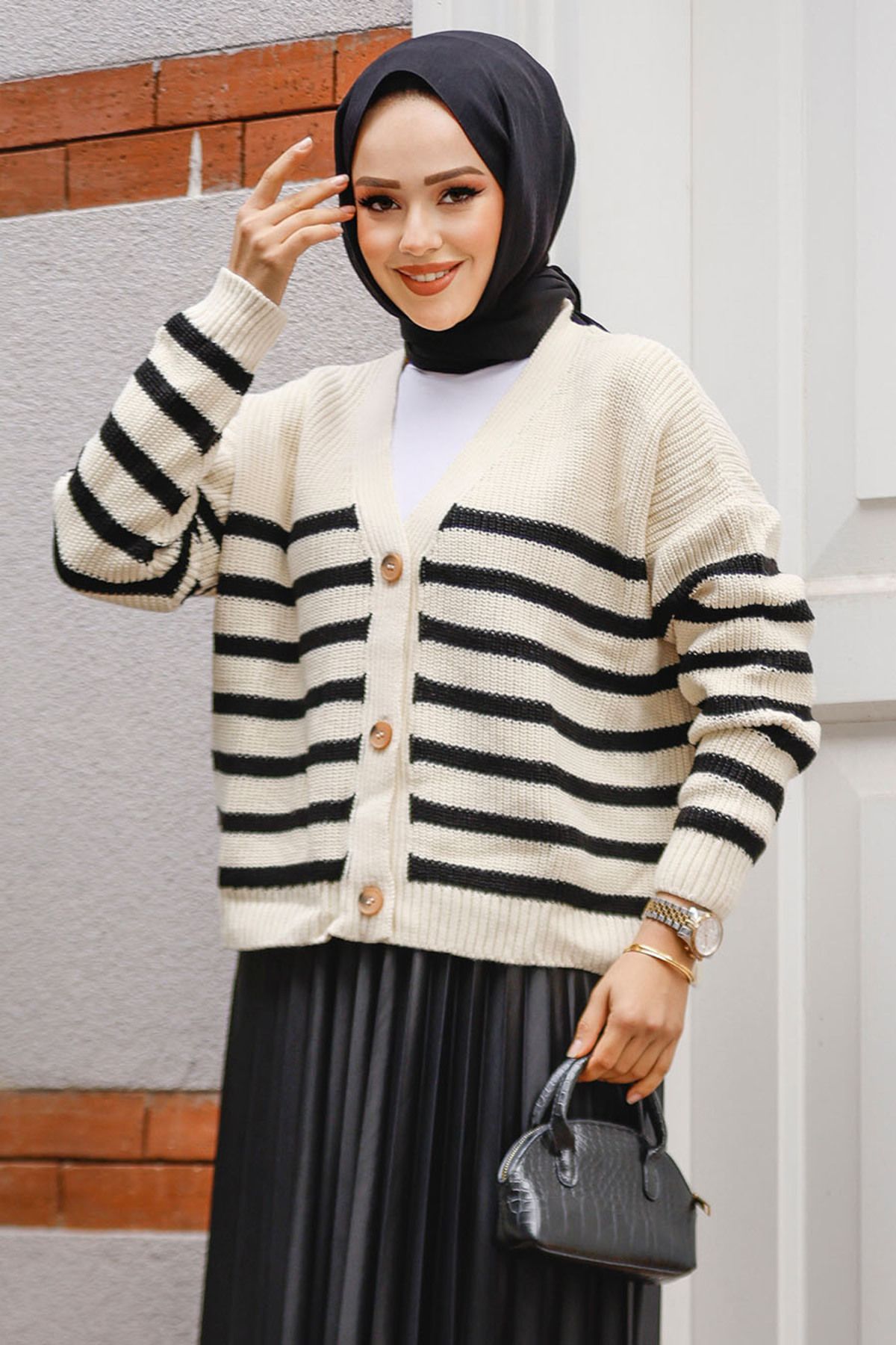 Neva Style-Striped Ecru Hijab Sweater Cardigan 511001 E 2