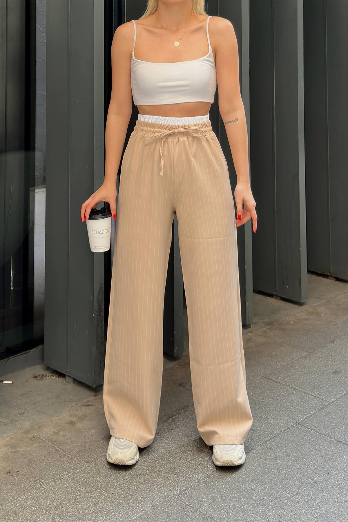 Swist-Beige gestreifte maskuline Damenhose mit Bindeband 4