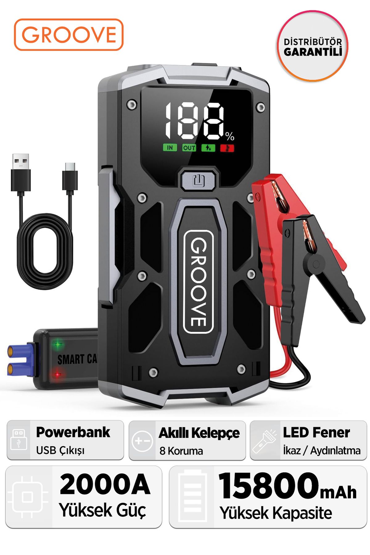 Groove M01 15800mah 2000a Akü Takviye Cihazı Taşınabilir Jump Starter (POWERBANK LED LAMBA LCD EKRAN)