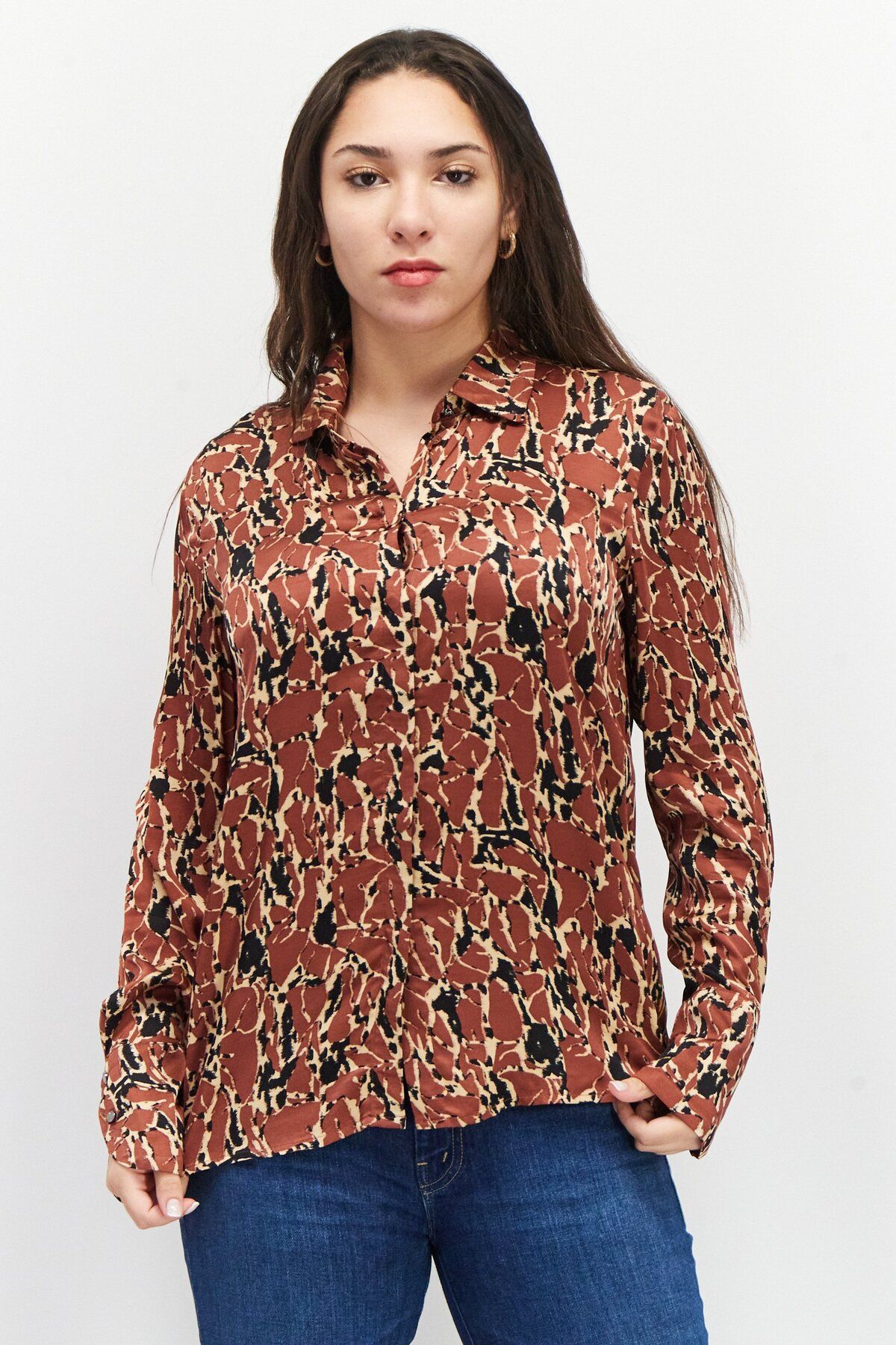 Esprit-Women Spread Collar Long Sleeves Allover Print Blouse, Brown 1