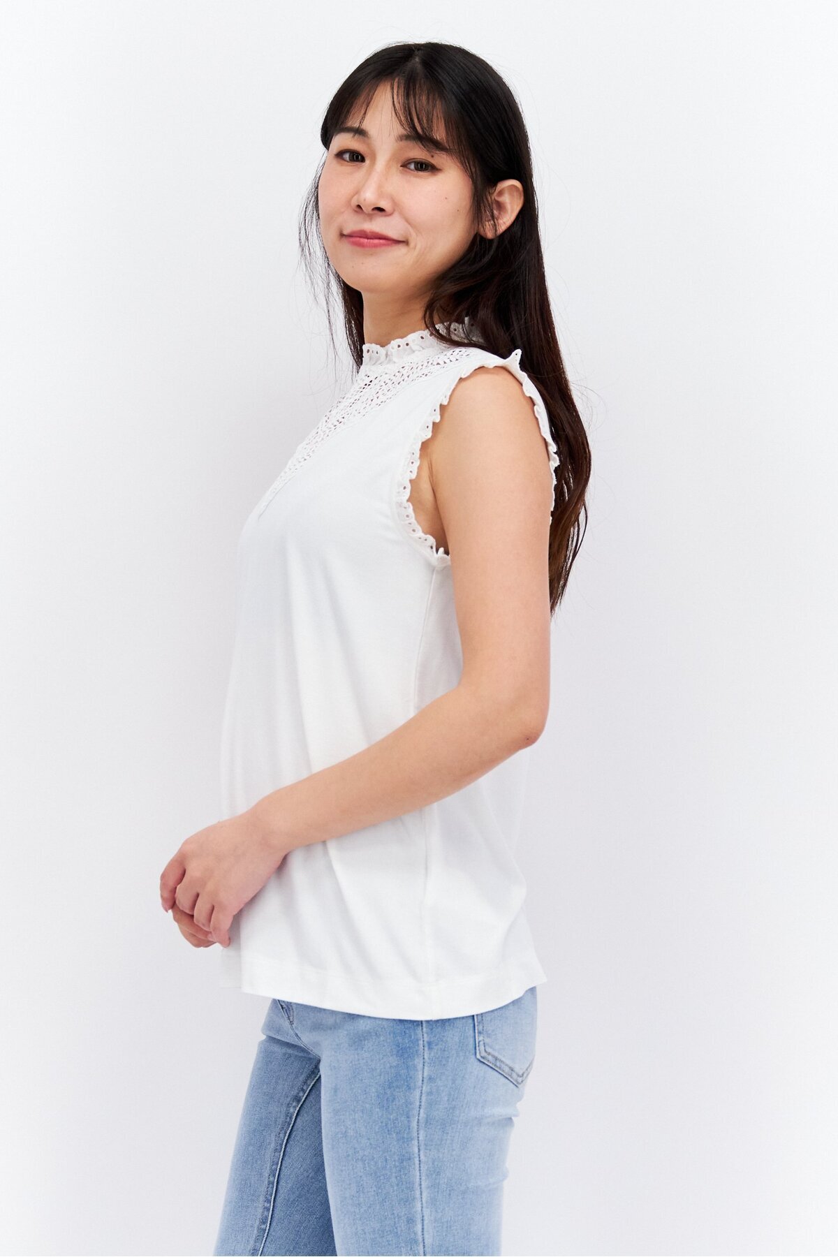 Esprit-Women Ruffle Neck Sleeveless Solid Top, White 2