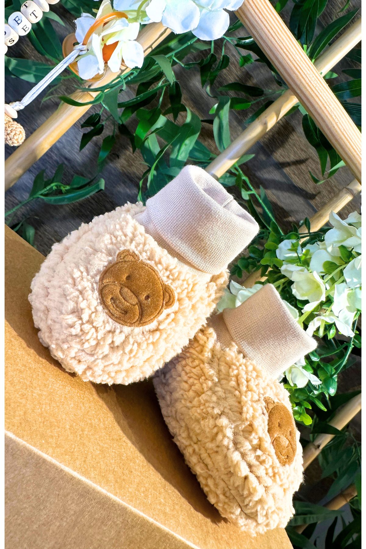 Renkli Puset-Newborn Plush Fleece Baby Booties Suede Teddy Bear 4