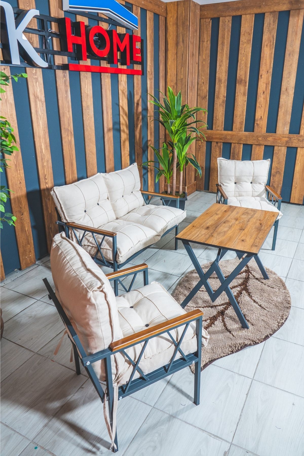 Miray 211 Masalı Krem Fermuarlı Bahçe Balkon Takımı, Salon, Teras- Berjer Düğmeli Metal Çay Seti
