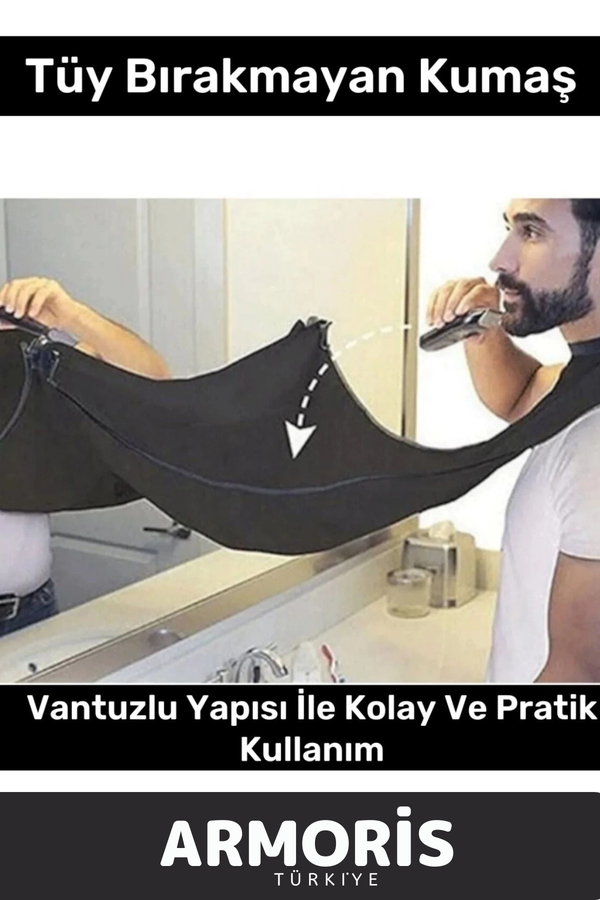 Armoris Yeni Nesil Pratik Vakumlu Aynaya Yapıştırma Aparatlı Evde Saç Sakal Kesme Siyah Tıraş Örtüsü