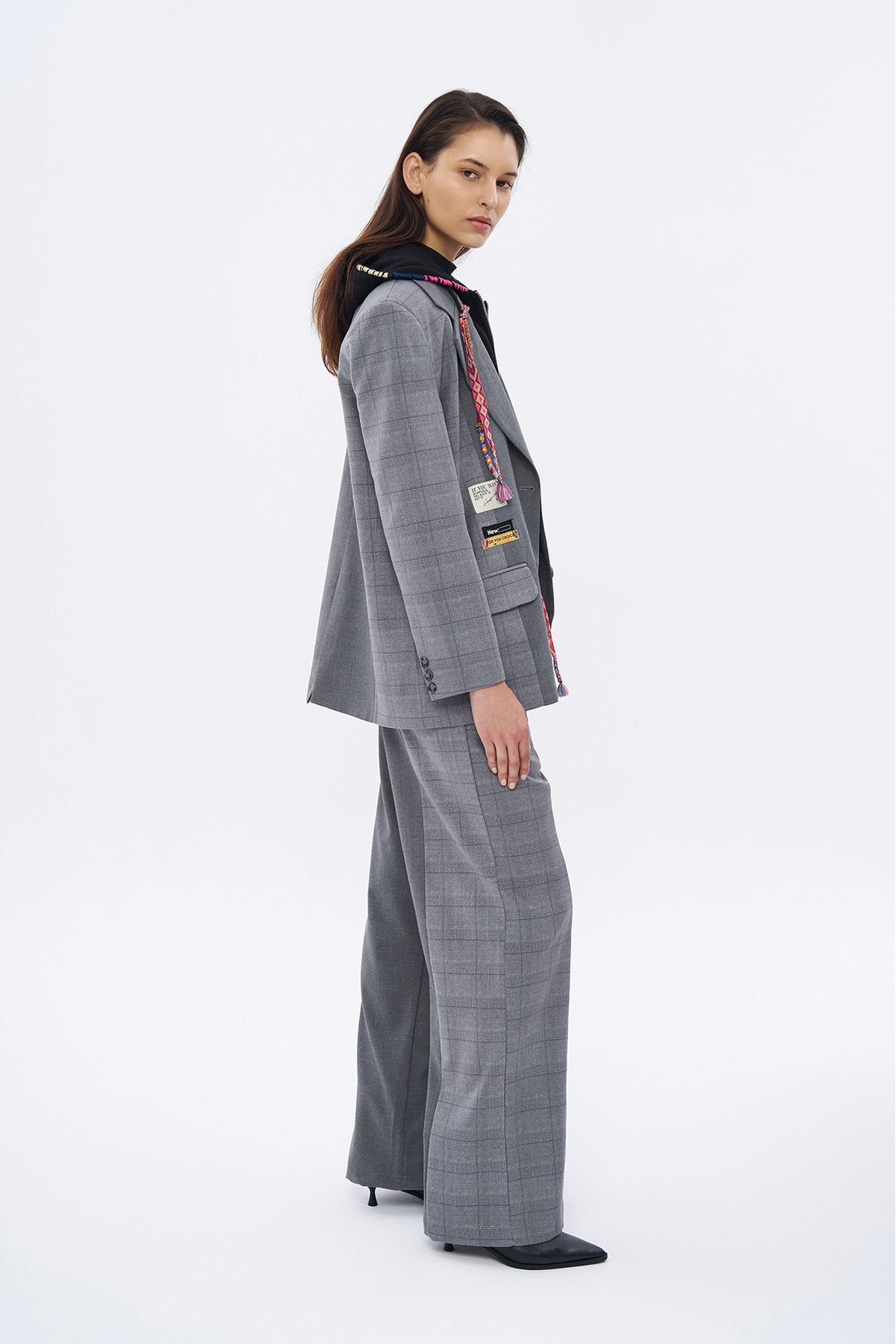 Quzu-Gray Colored Stringed Blazer Jacket - Hood Detail 4