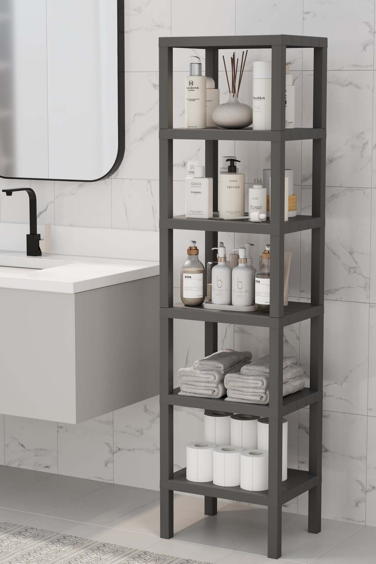 Shelf 6-Tier Organizer Plastic Shelf Unit Gray, Bookshelf, Kitchen, Bathroom Shelf Cabinet