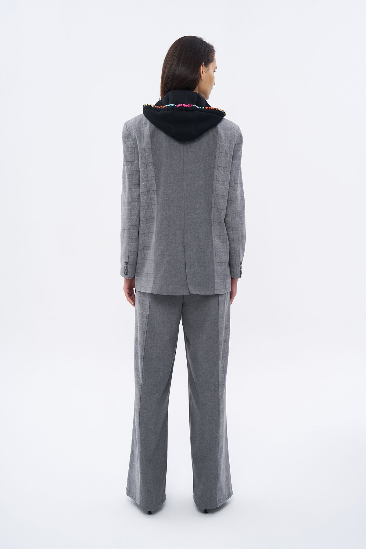 Quzu-Gray Colored Stringed Blazer Jacket - Hood Detail 5