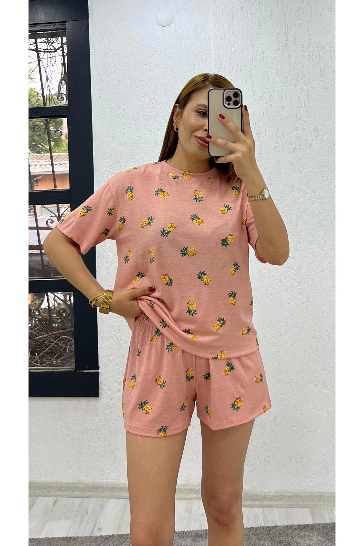 İrka Moda-Pineapple Patterned Double Pajamas Set with Shorts 1