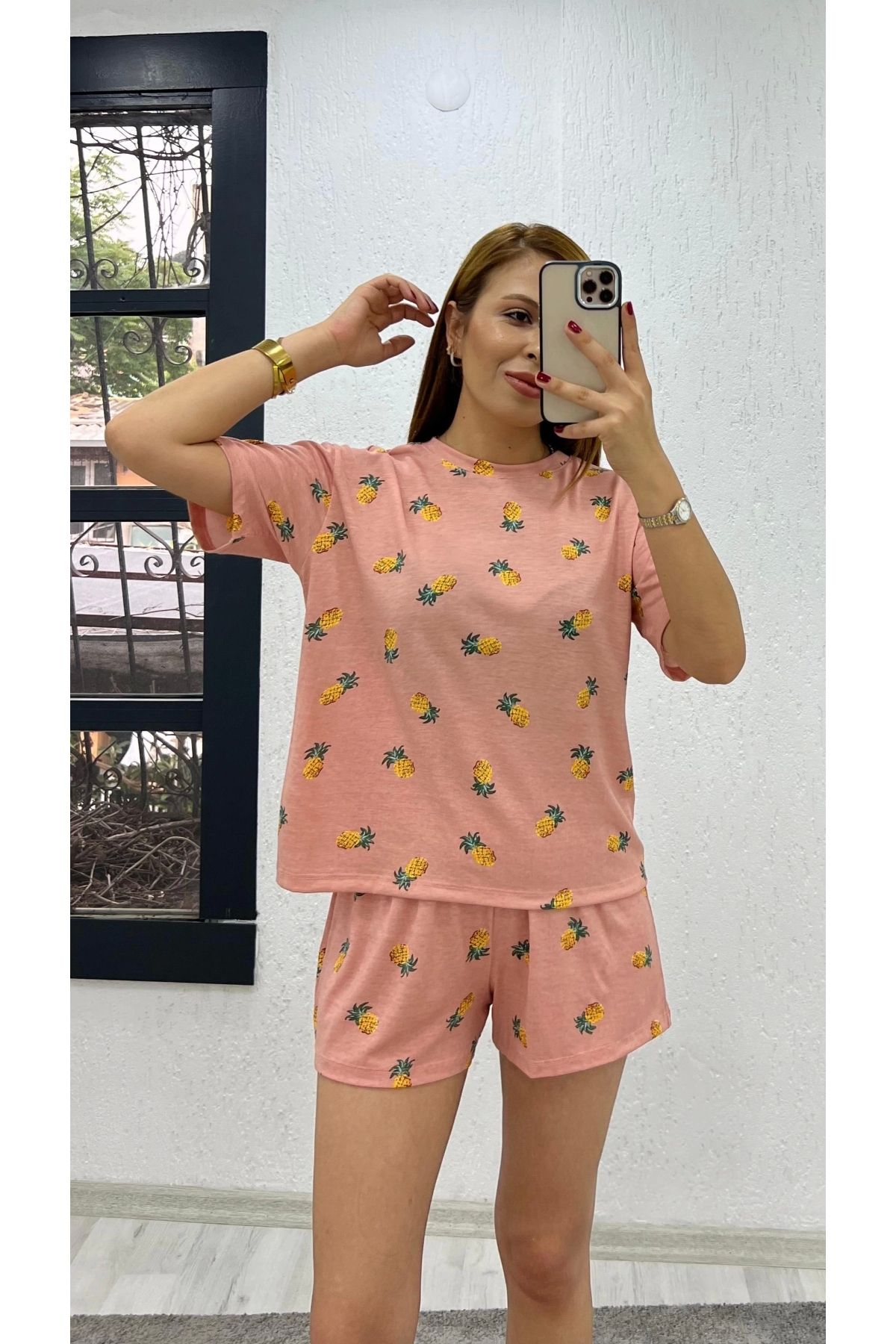 İrka Moda-Pineapple Patterned Double Pajamas Set with Shorts 2