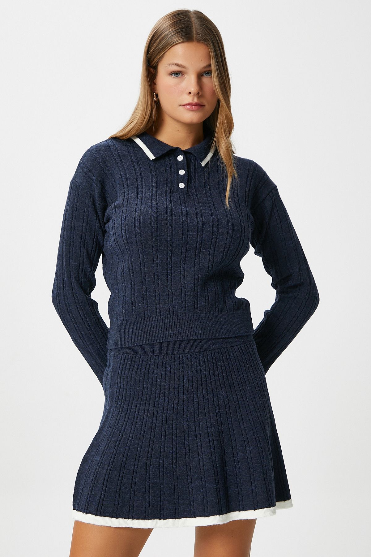 Ritnice-Women's Mia Polo Neck Navy Blue Stripe Sweater Skirt Knitwear Bottom Top Set 8