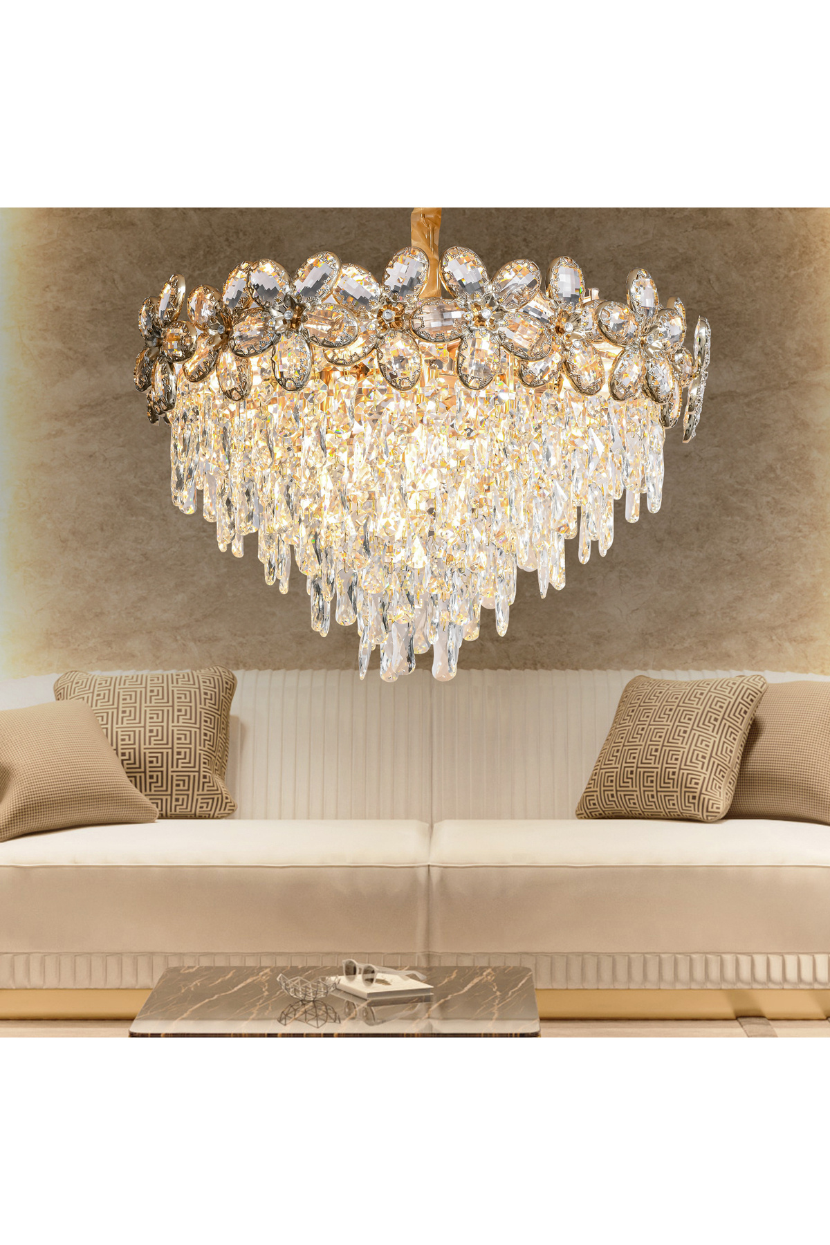 Saral 80s Round Gold Crystal Stone Modern Design Living Room Chandelier