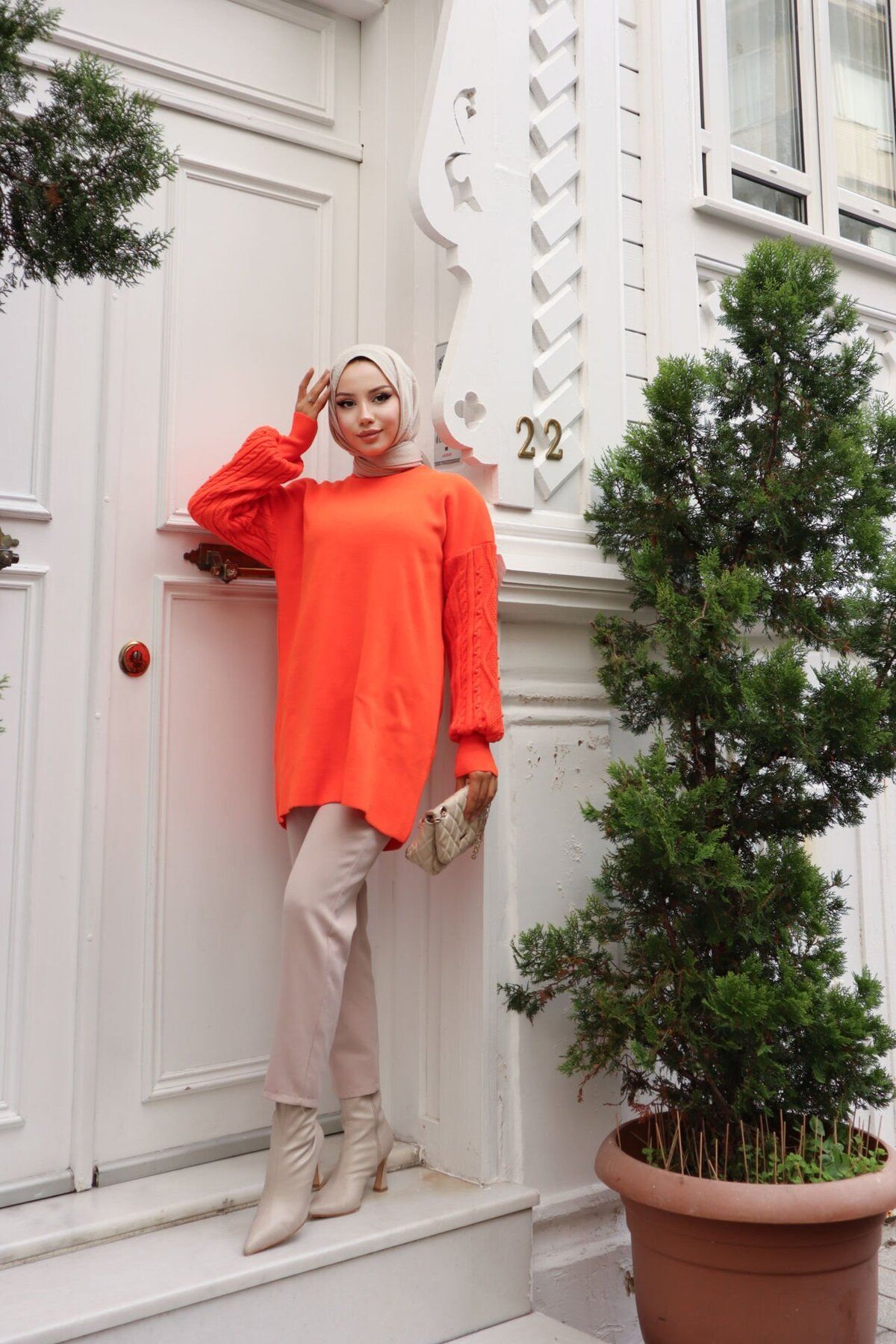 COFBUTİK-Orange Long Knitwear Sweater - Bead Detailed Sleeves 1