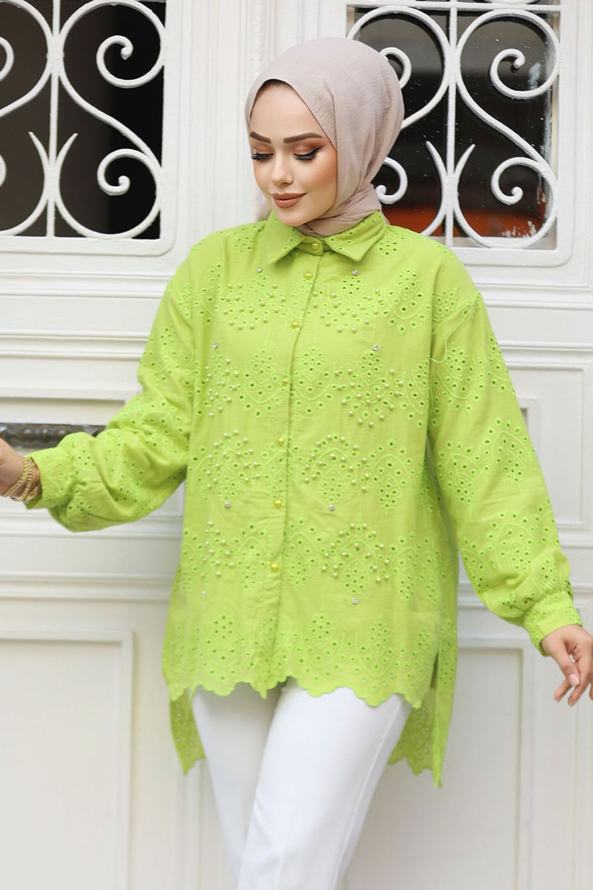 Neva Style-Mint Laced Hijab Tunic - 13512Mint 2