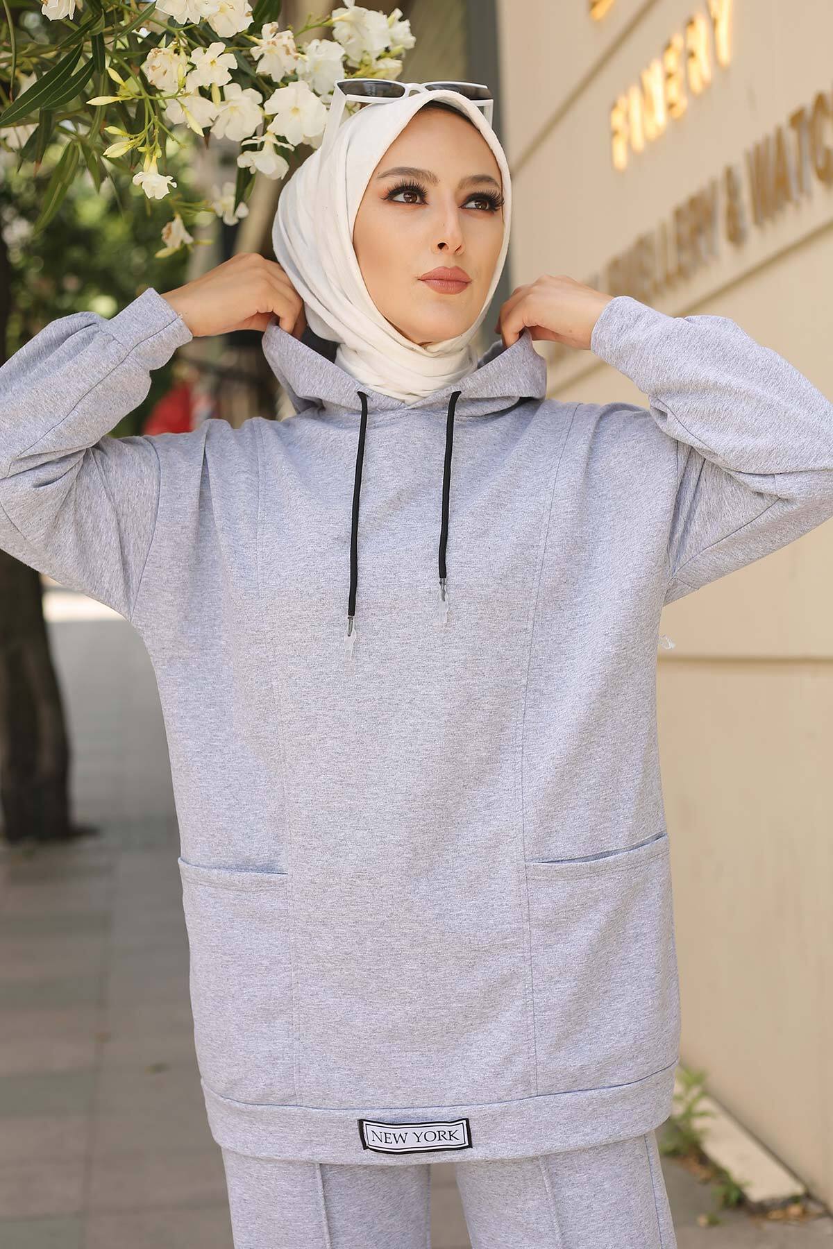 İmajButik-Gray Two Thread Hijab Set with Label on the Front 5