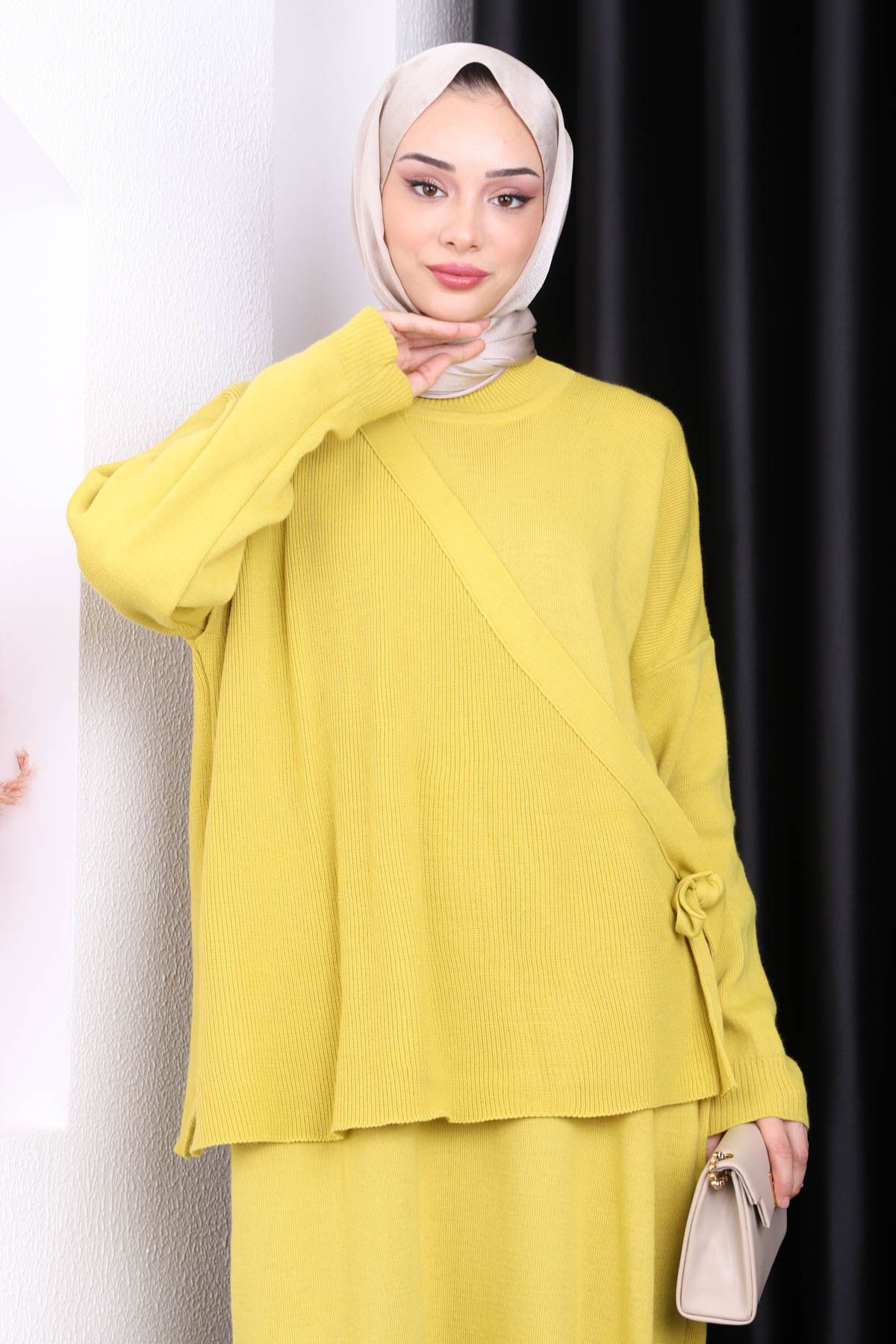 İmajButik-Πλεκτό φόρεμα Oil Green One Shoulder Jumpers 3