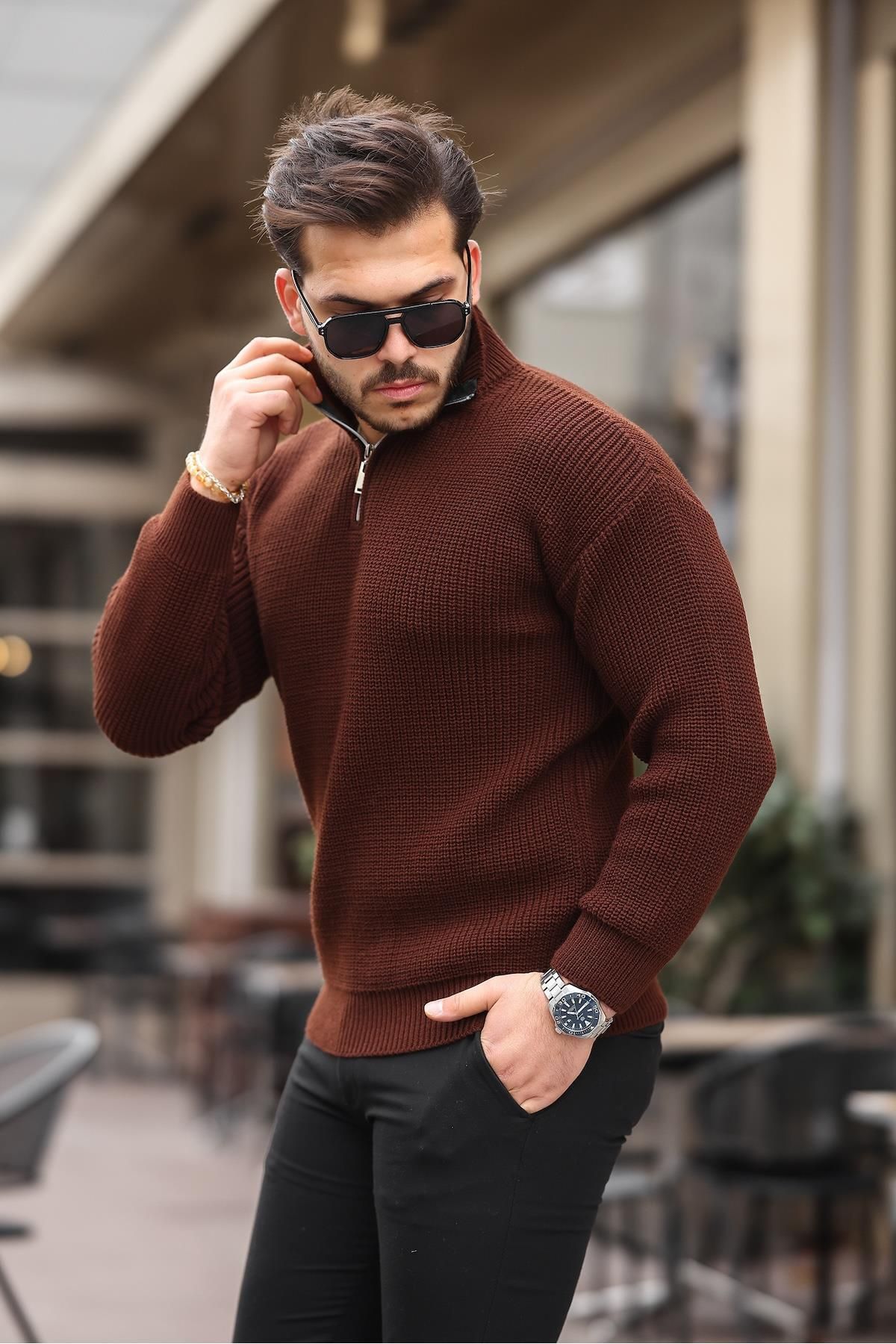 Valiberta-Oversize Thessaloniki Knit Half Zipper Men's Knitwear Sweater - Brown 3