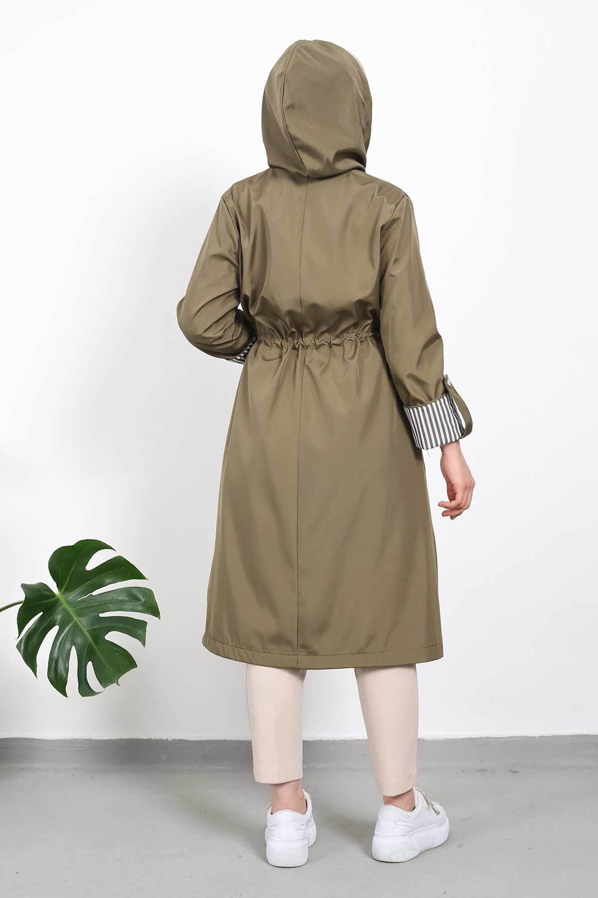 İmajButik-Khaki Waist Gathered Hooded Hijab Trench Coat 4