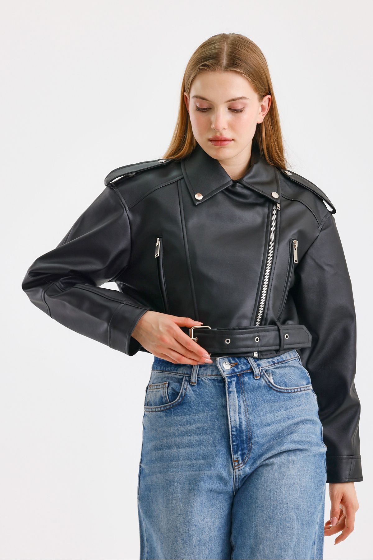 TREND KOMBİN-Black Belt Biker Leather Jacket 3