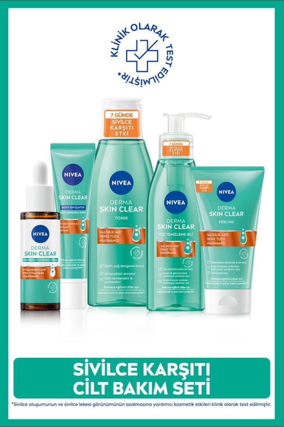 روتین ضد آکنه NIVEA Derma Skin Clear، سرم 30 میلی لیتر، ژل 150 میلی لیتر، تونیک 200 میلی لیتر، لایه بردار 150 میلی لیتر، کرم 40 میلی لیتر