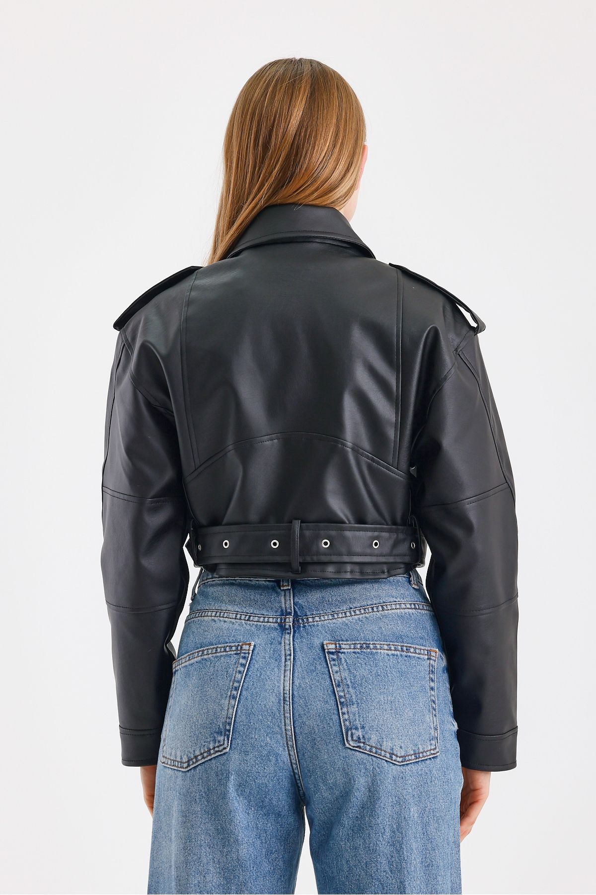 TREND KOMBİN-Black Belt Biker Leather Jacket 8