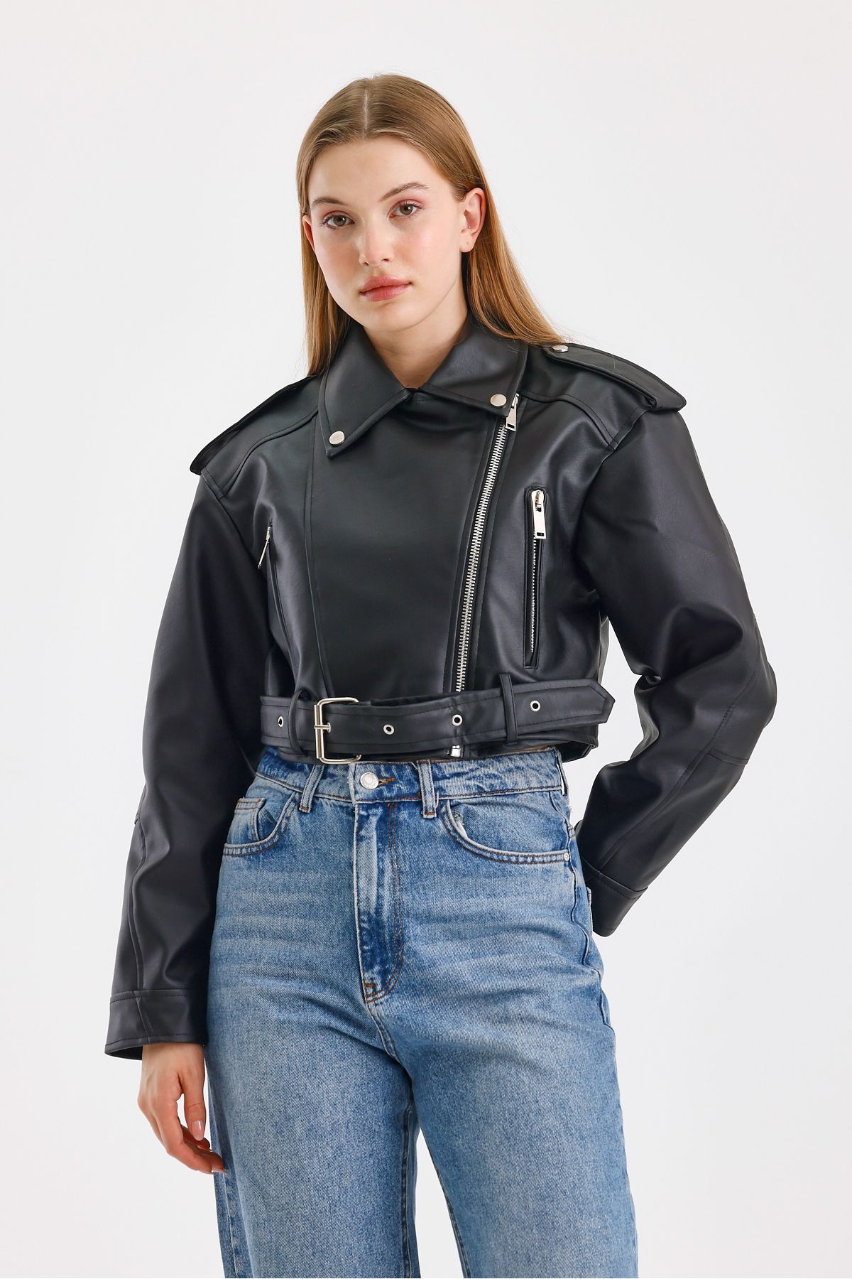 TREND KOMBİN-Black Belt Biker Leather Jacket 1