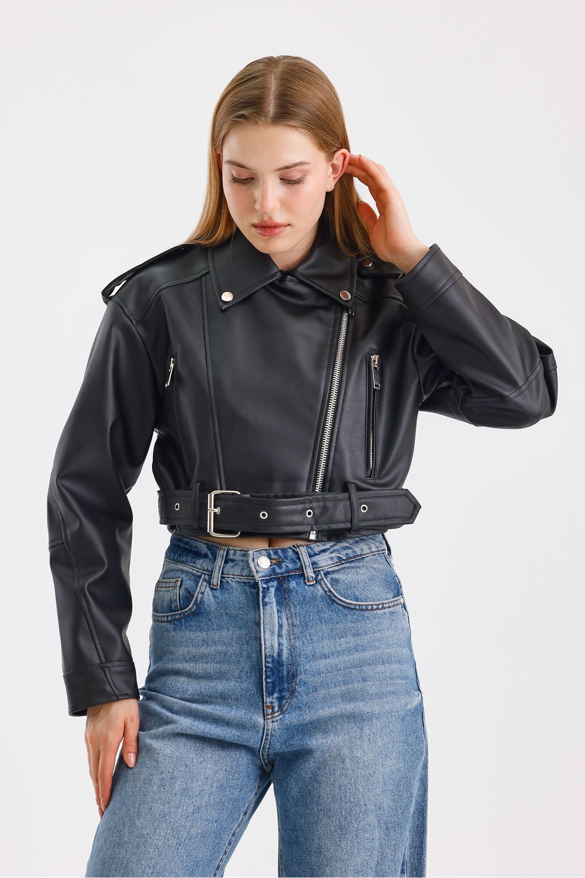 TREND KOMBİN-Black Belt Biker Leather Jacket 6