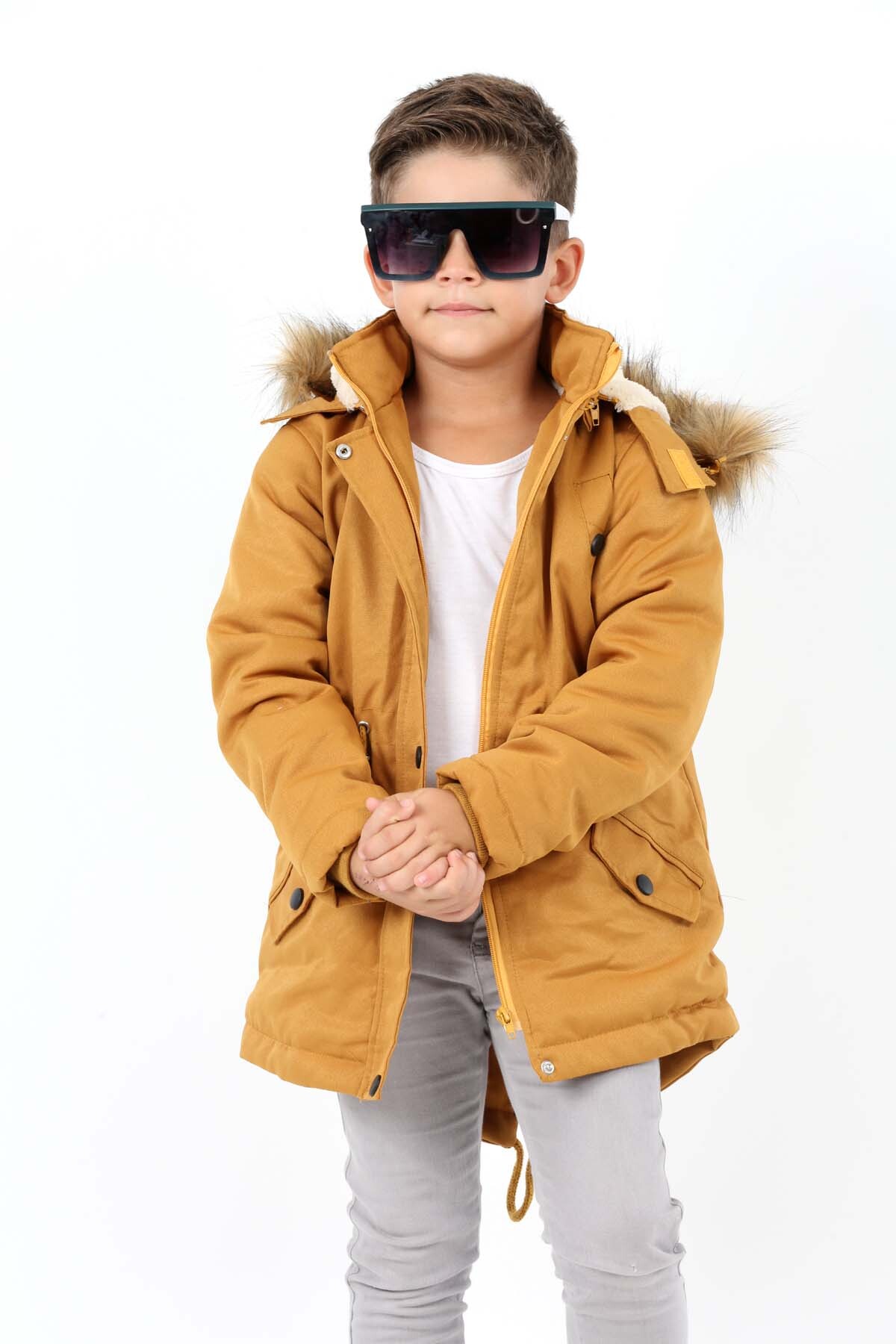 Boys Water Repellent Hooded Gabardine Coat with Zipper Snap Closure Pocket