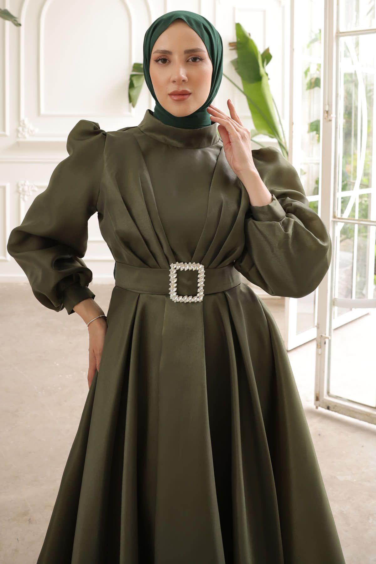 İmajButik-Khaki Balloon Sleeve Draped Evening Dress 2