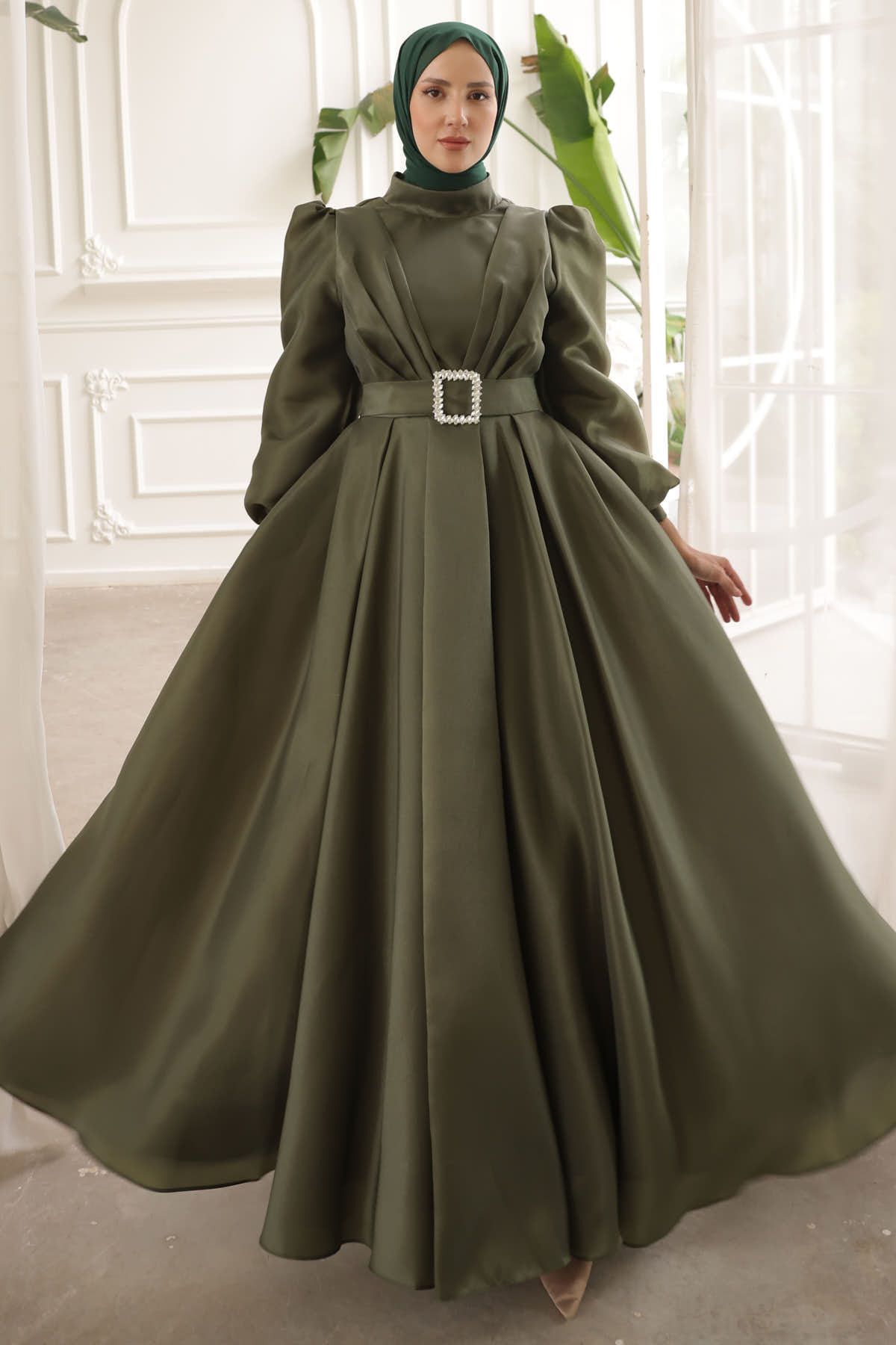 İmajButik-Khaki Balloon Sleeve Draped Evening Dress 1