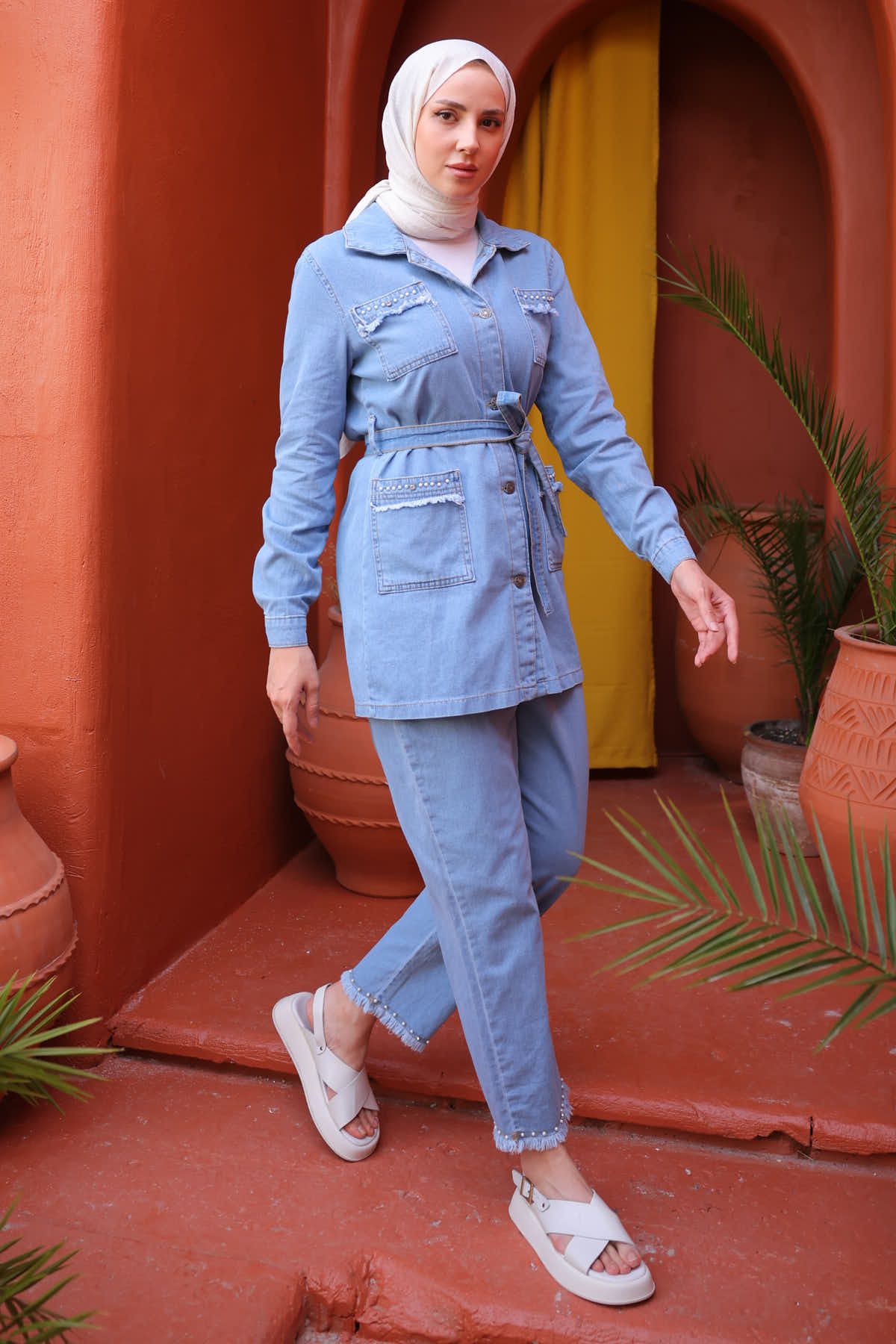 İmajButik-Light Blue Jewelled Pearled Tassel Jeans Set 4